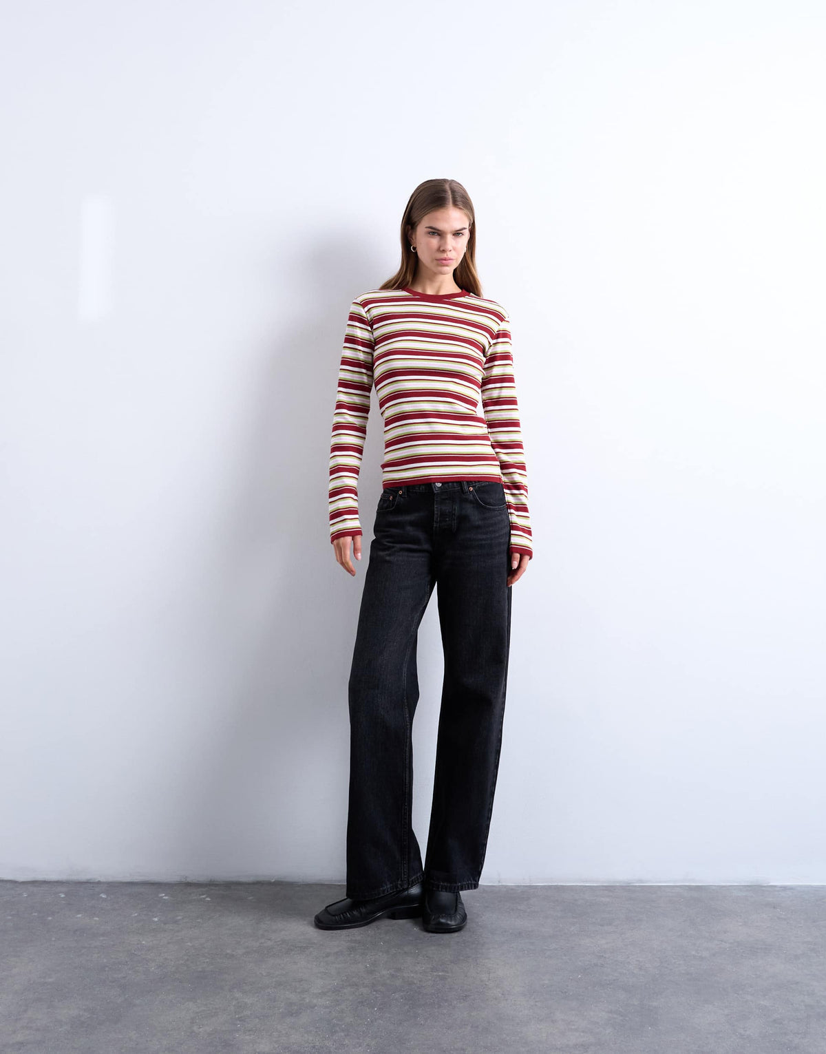 Topshop stripe long sleeve everyday tee in burgundy