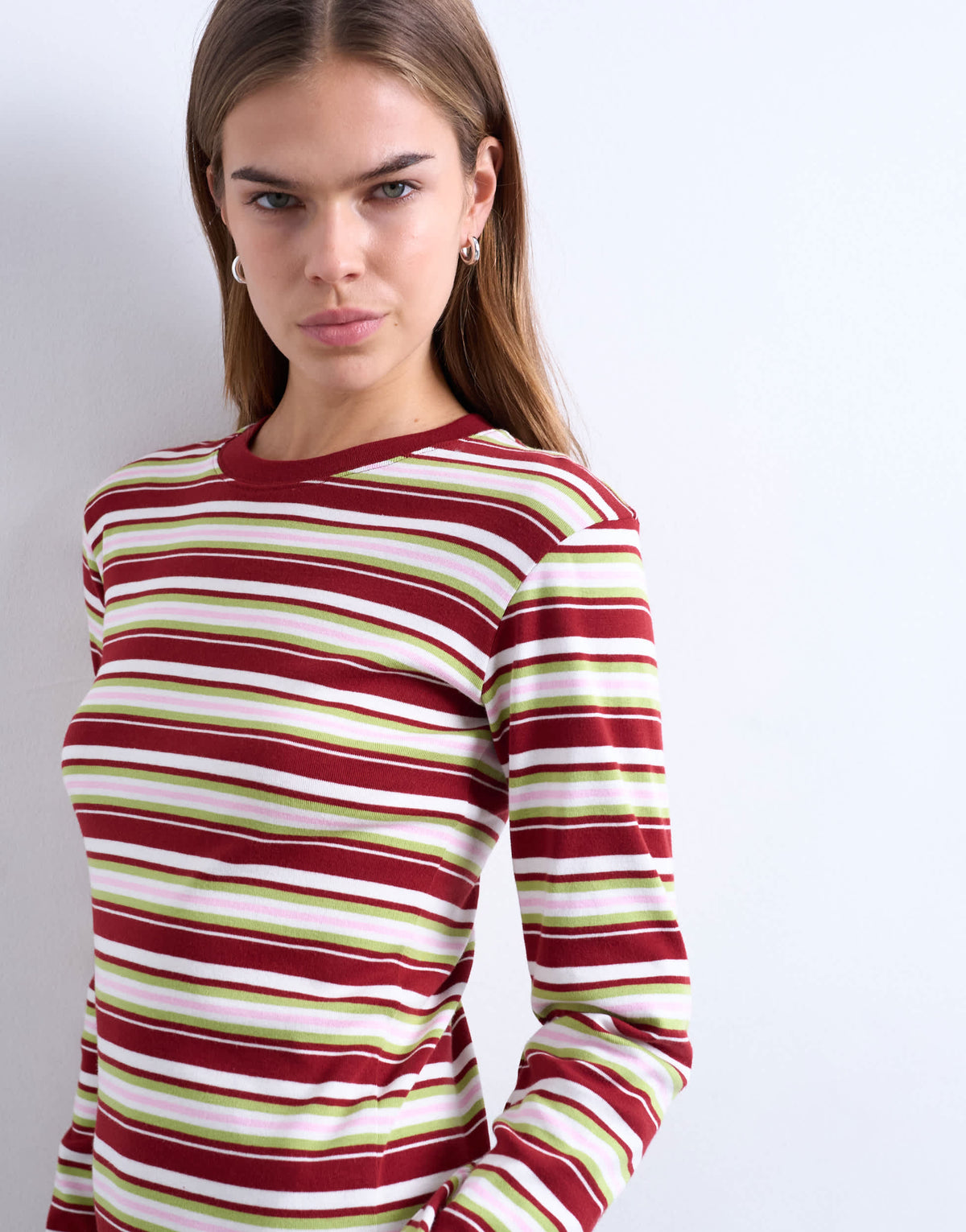 Topshop stripe long sleeve everyday tee in burgundy