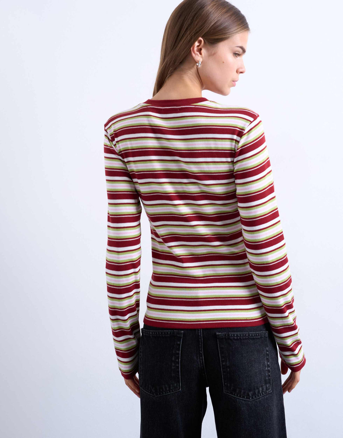Topshop stripe long sleeve everyday tee in burgundy