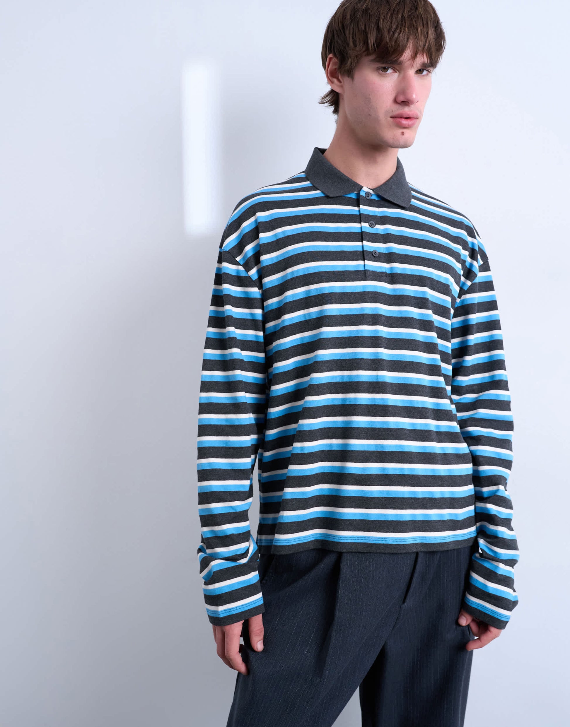 Topman long sleeve cropped rugby polo in blue