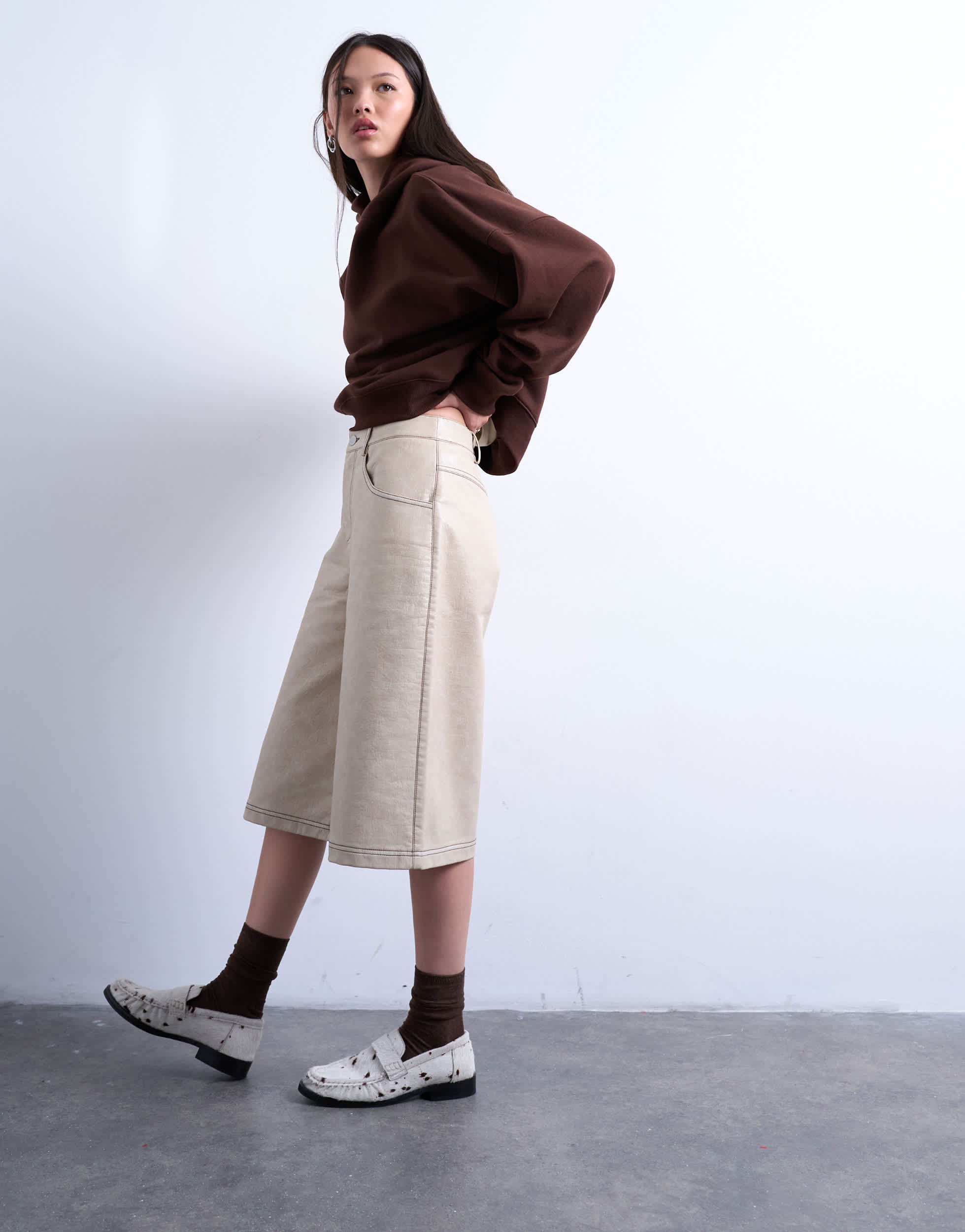 Topshop faux leather editor longline short in cream