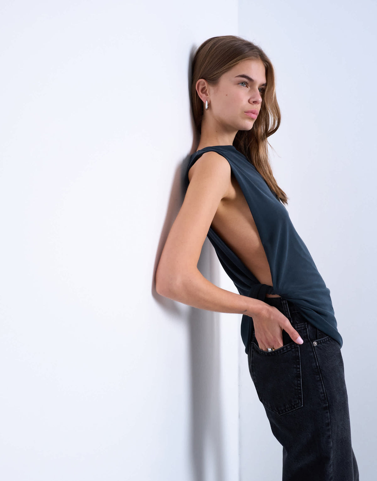Topshop cupro knot side sleeveless top in charcoal grey
