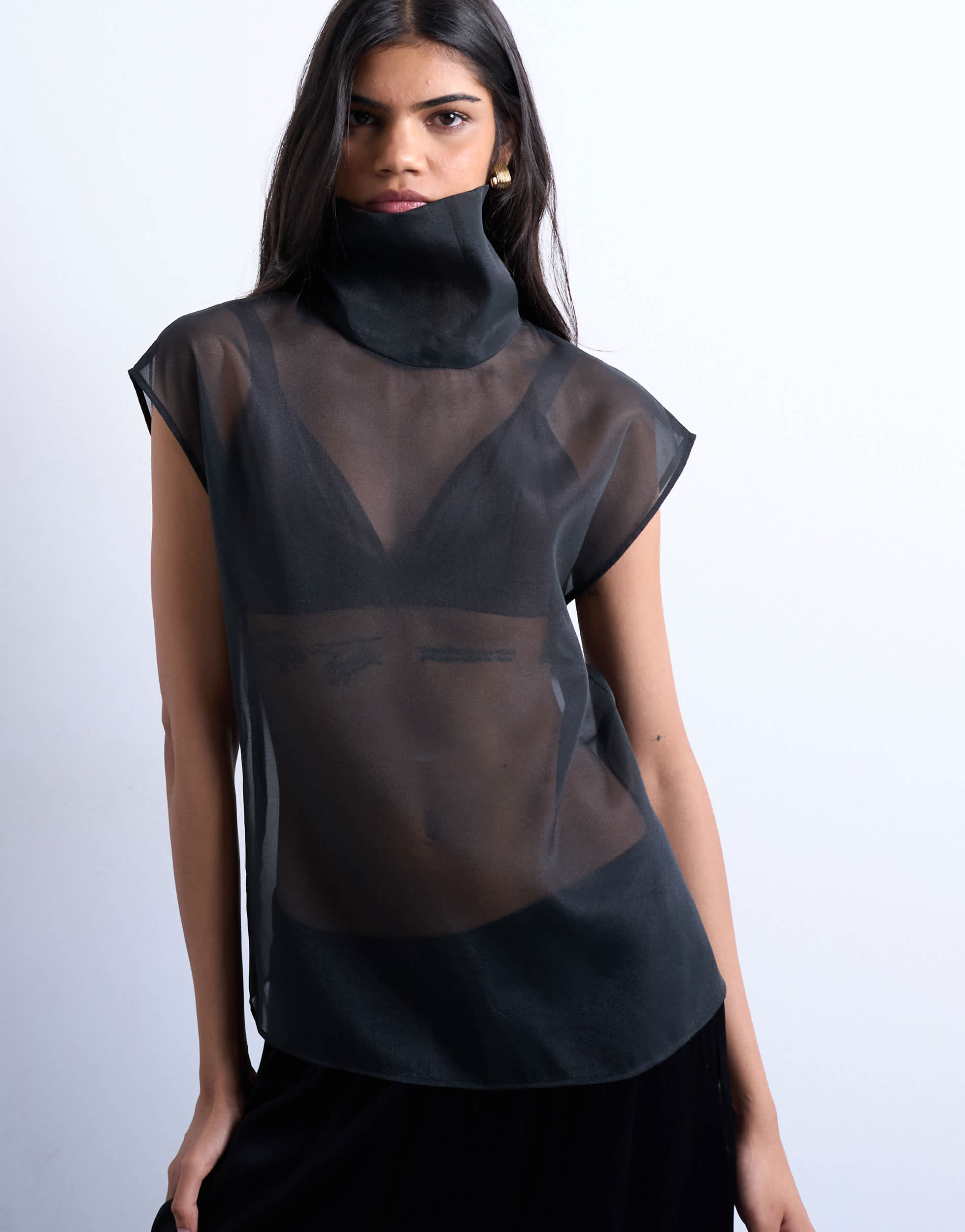 Topshop funnel neck sheer organza top in black