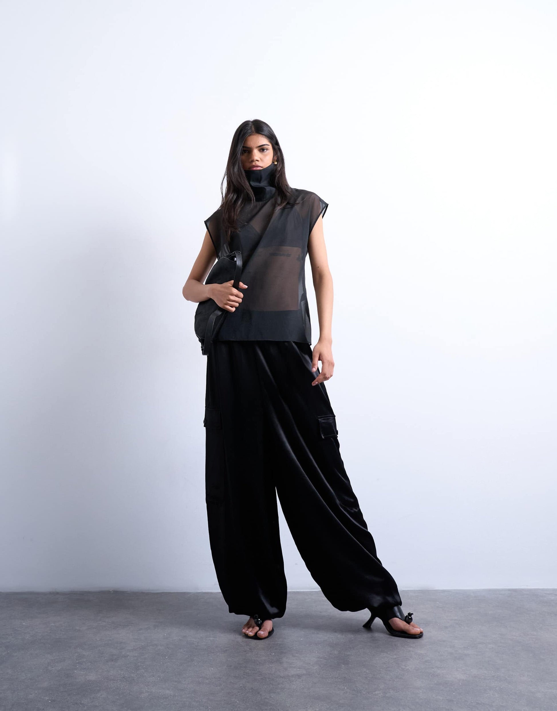 Topshop funnel neck sheer organza top in black