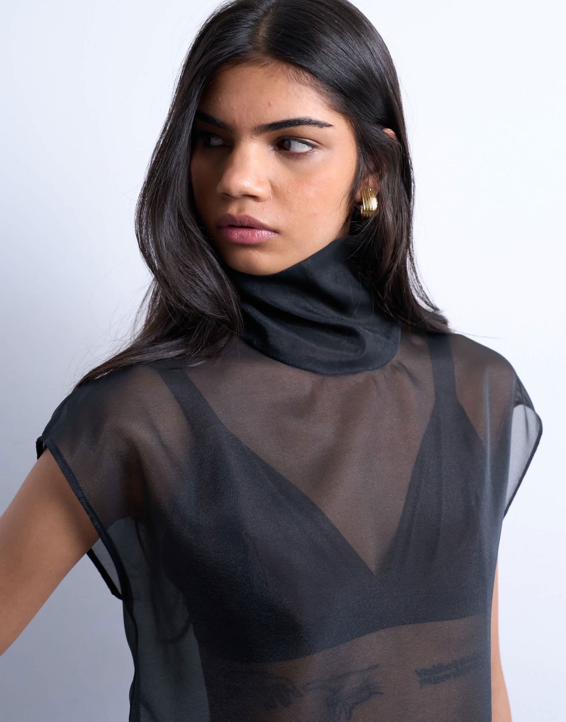 Topshop funnel neck sheer organza top in black