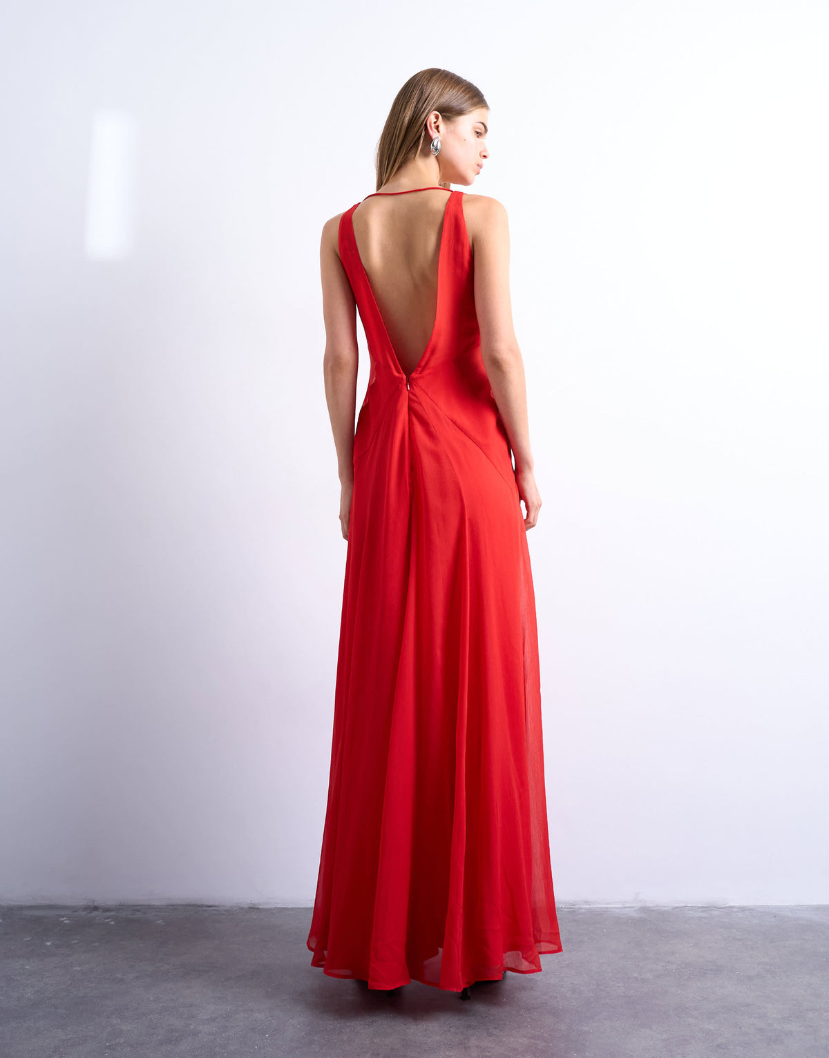 Topshop plunge full hem occasion dress with sheer panels in red