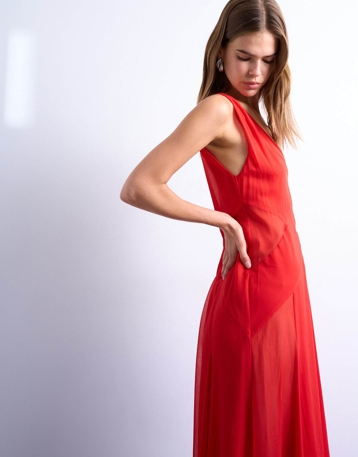 Topshop plunge full hem occasion dress with sheer panels in red