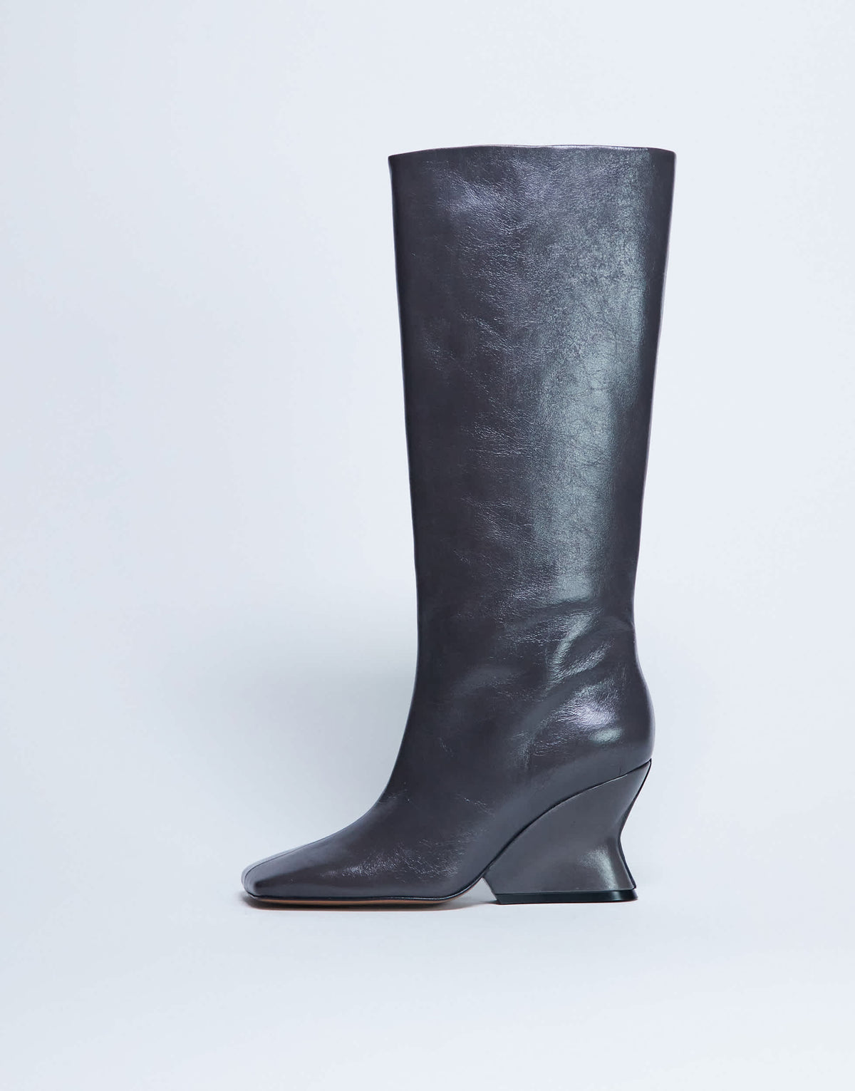 Topshop Selma Premium leather knee high wedge boot in grey
