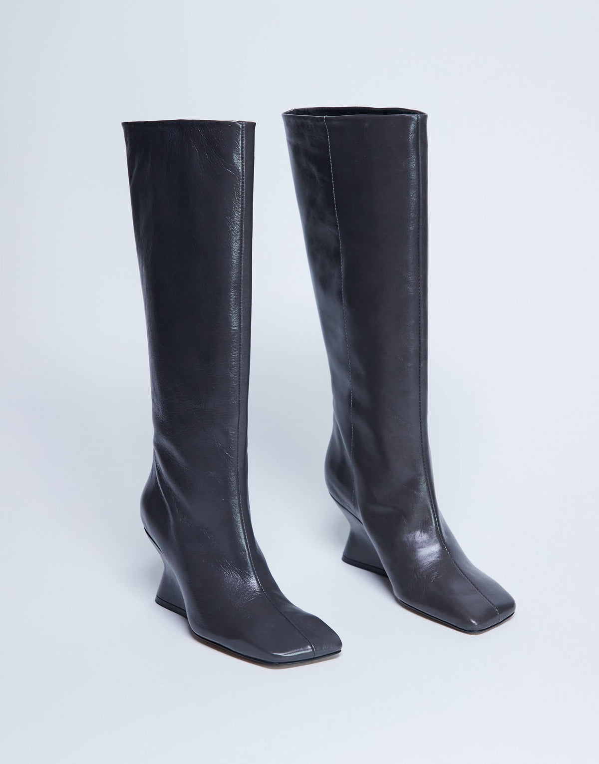 Topshop Selma Premium leather knee high wedge boot in grey