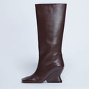 Topshop Selma Premium leather knee high wedge boot in chocolate