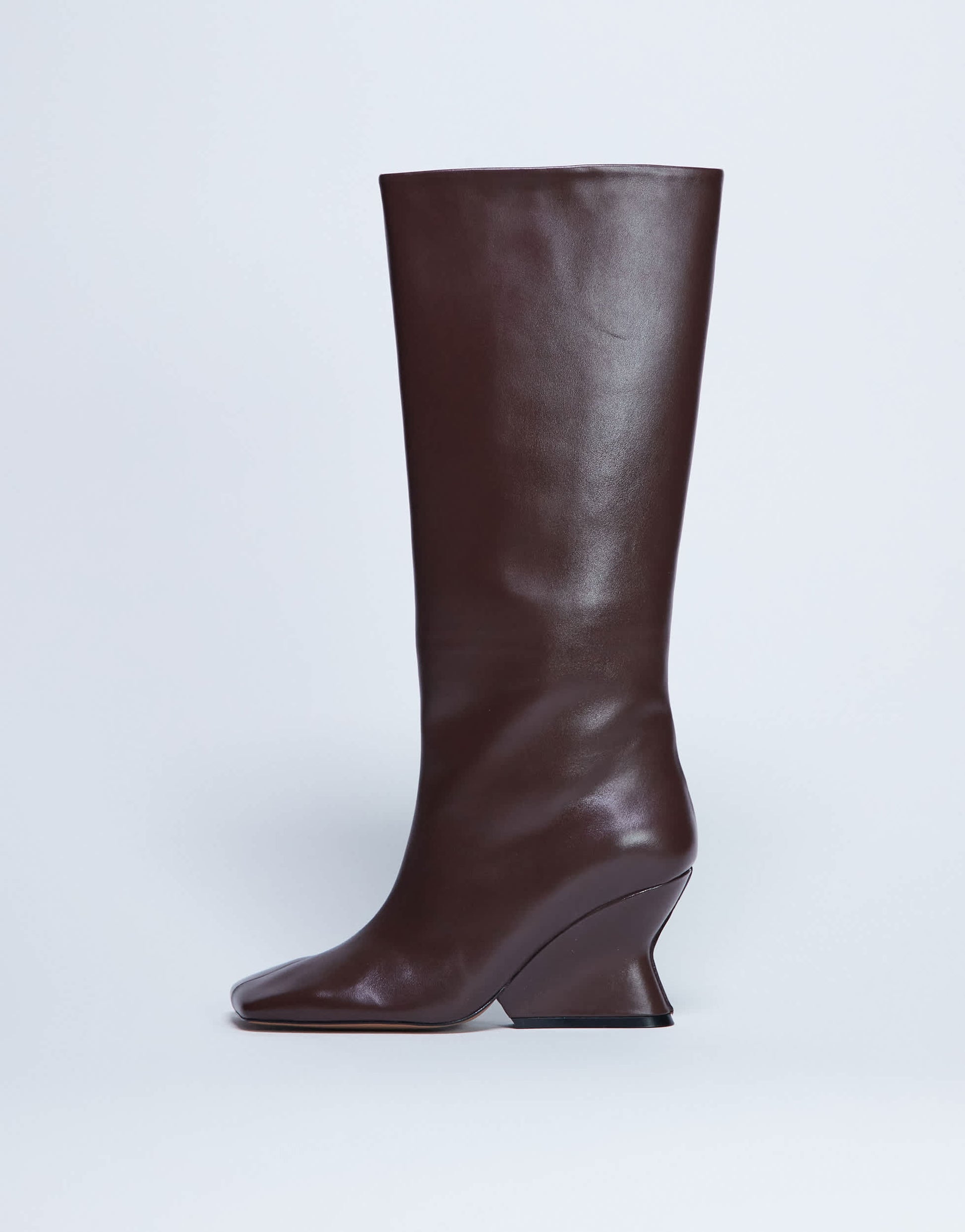 Topshop Selma Premium leather knee high wedge boot in chocolate
