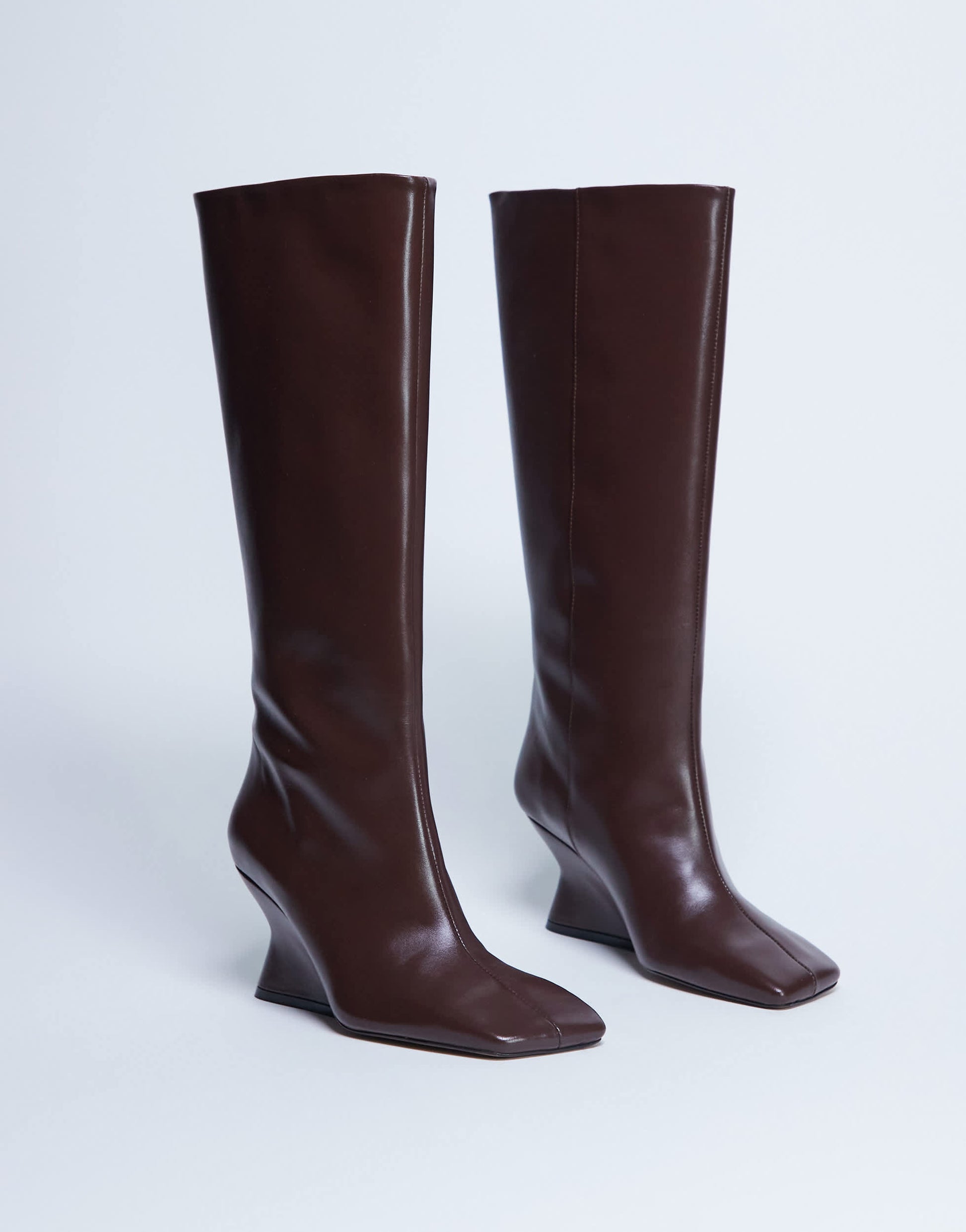 Topshop Selma Premium leather knee high wedge boot in chocolate