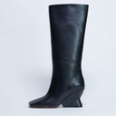 Topshop Selma Premium leather knee high wedge boot in black