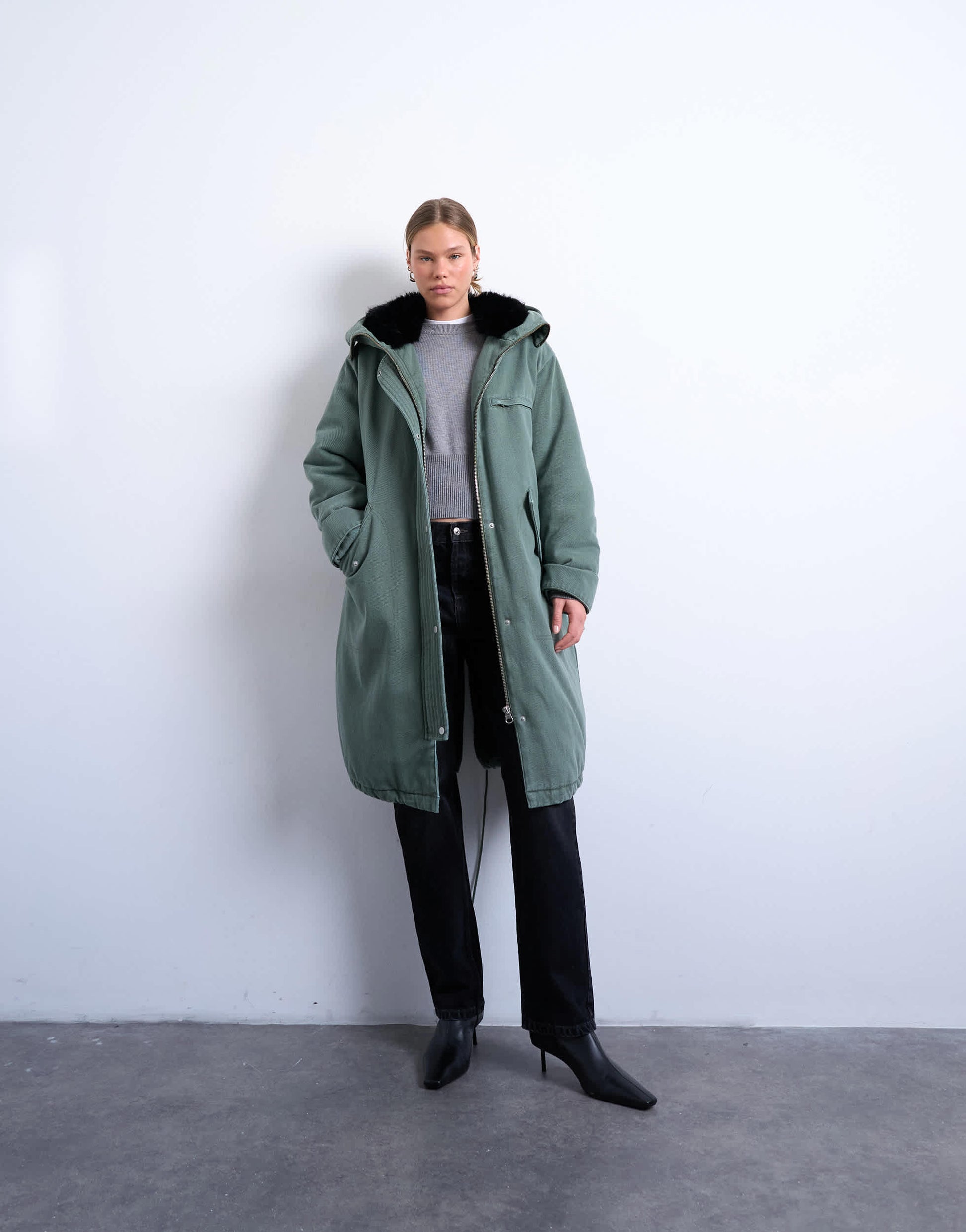 Topshop premium oversized parka with fur hood in khaki