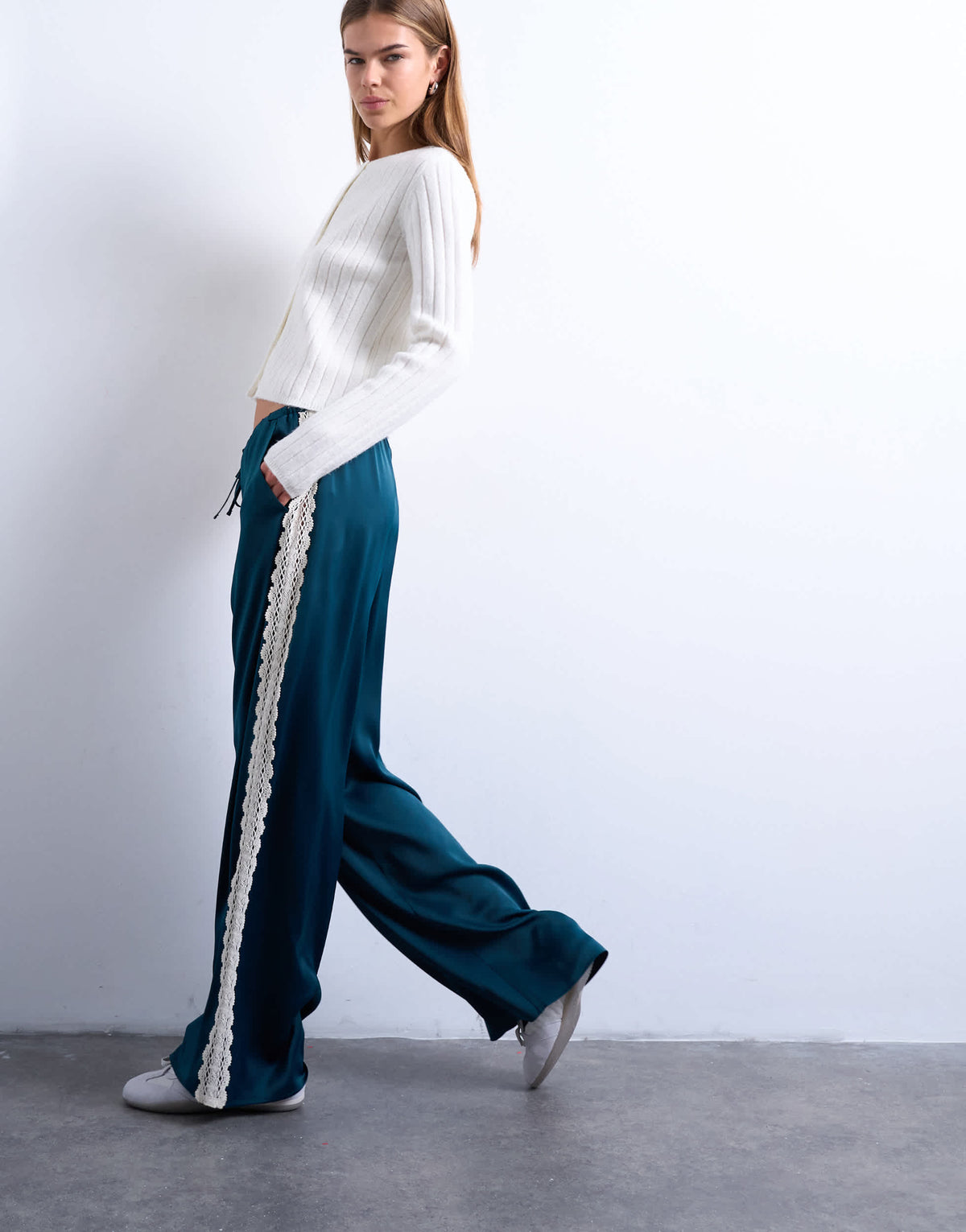 Topshop satin lace insert trouser in mid blue