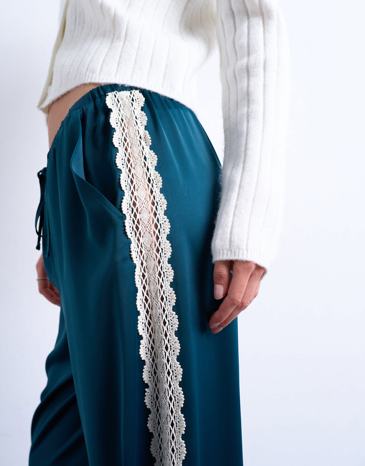 Topshop satin lace insert trouser in mid blue
