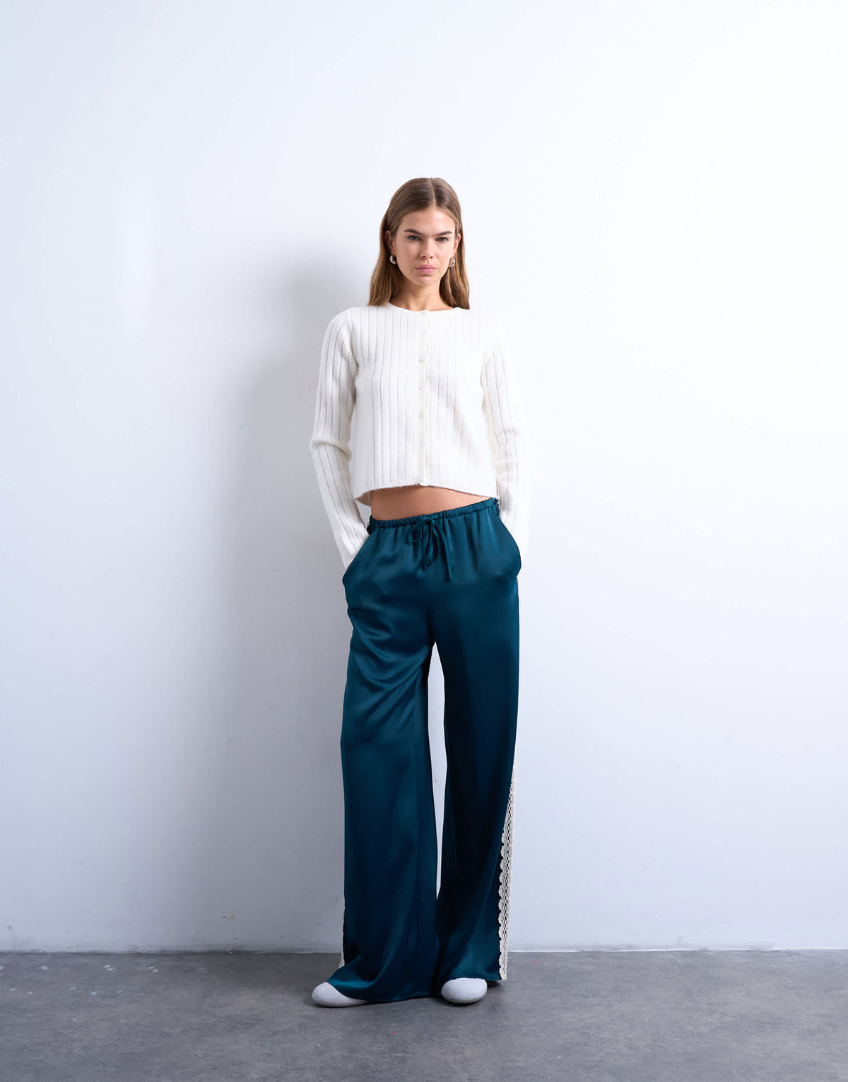 Topshop satin lace insert trouser in mid blue