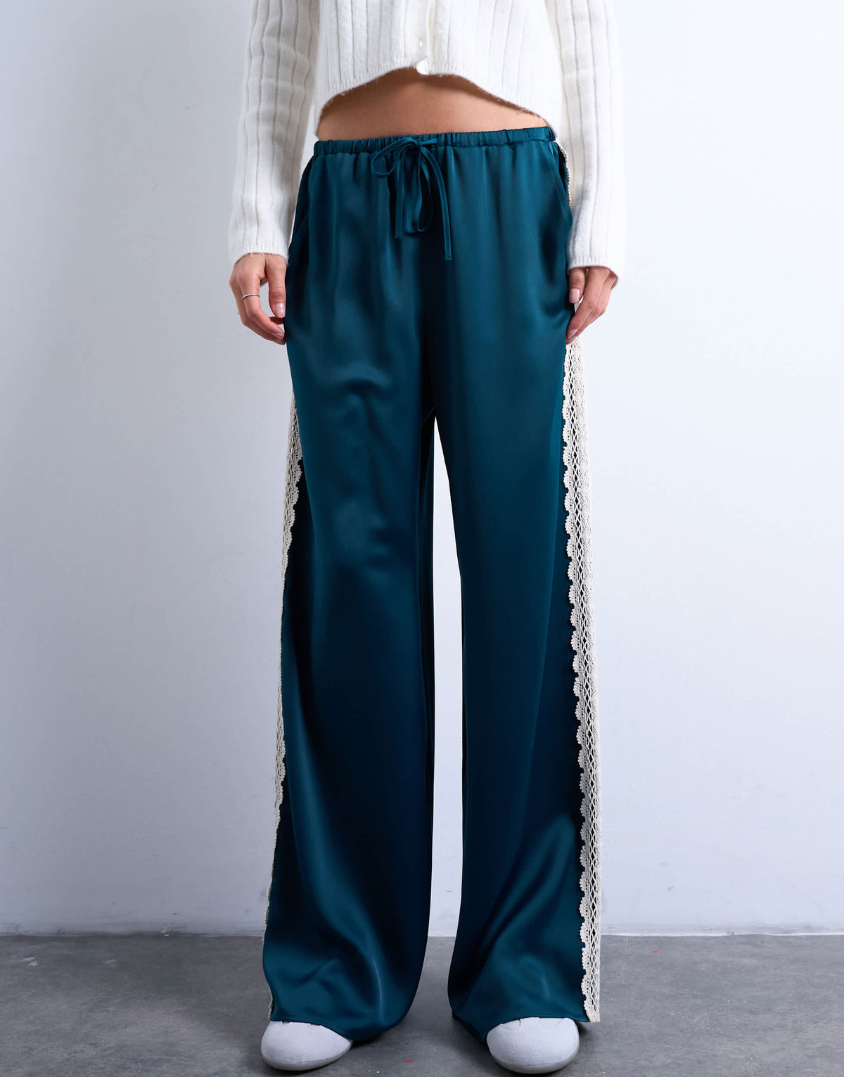 Topshop satin lace insert trouser in mid blue