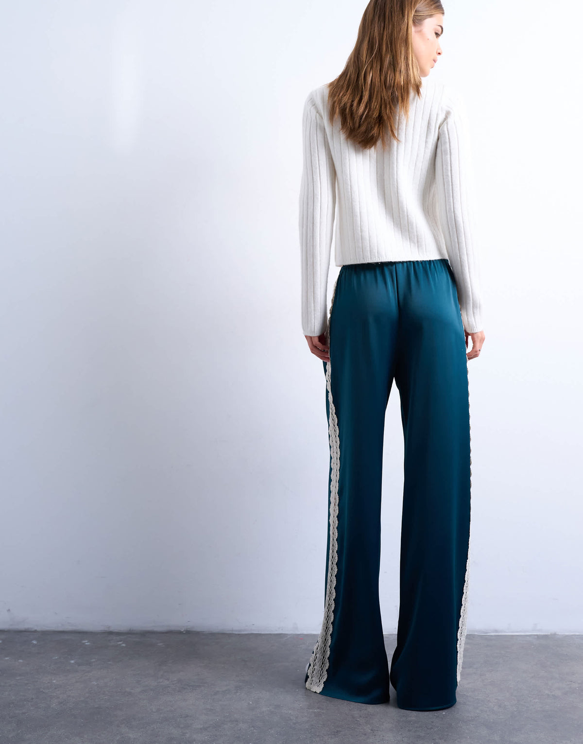 Topshop satin lace insert trouser in mid blue