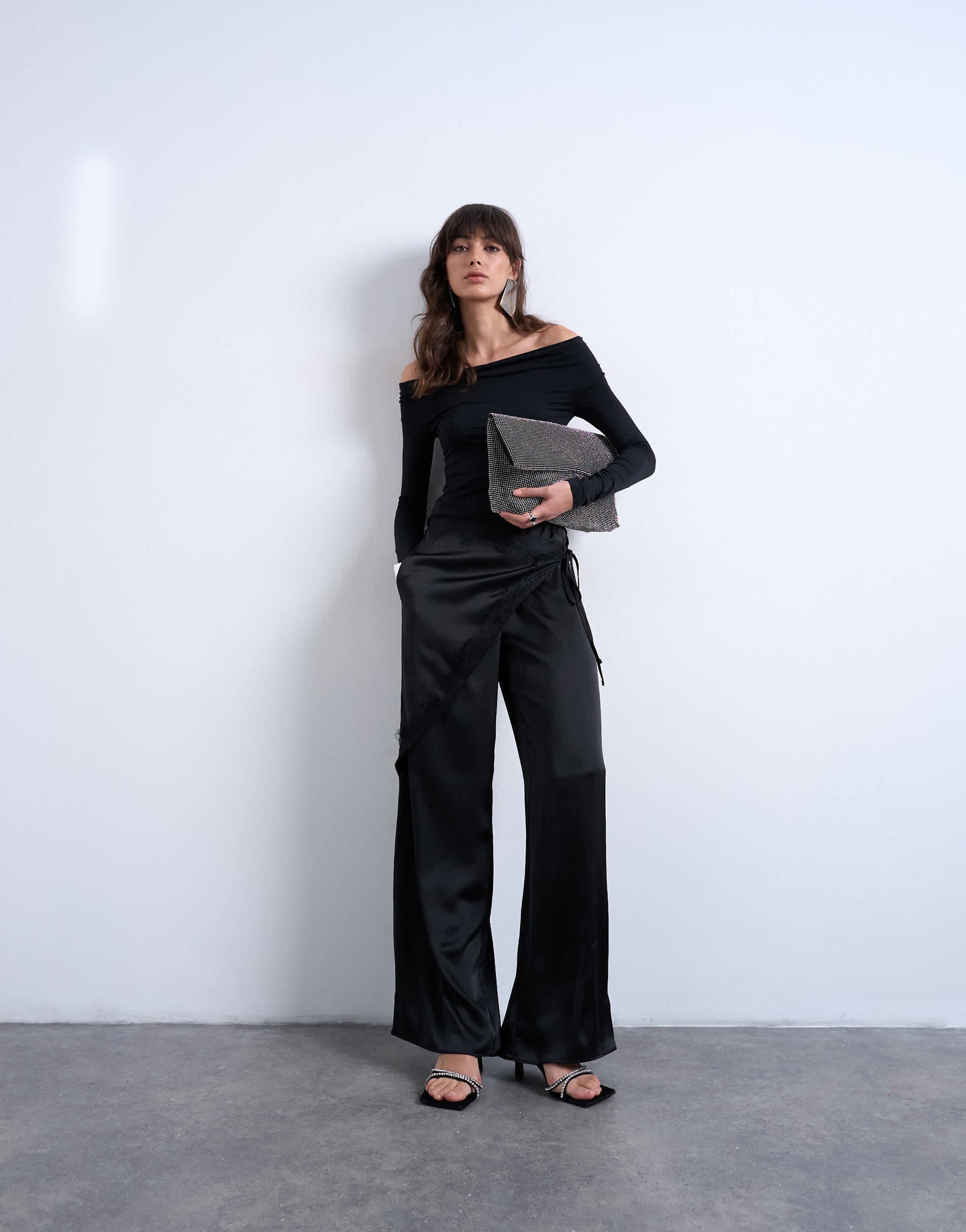 Topshop satin wrap around with lace wide leg trouser in black