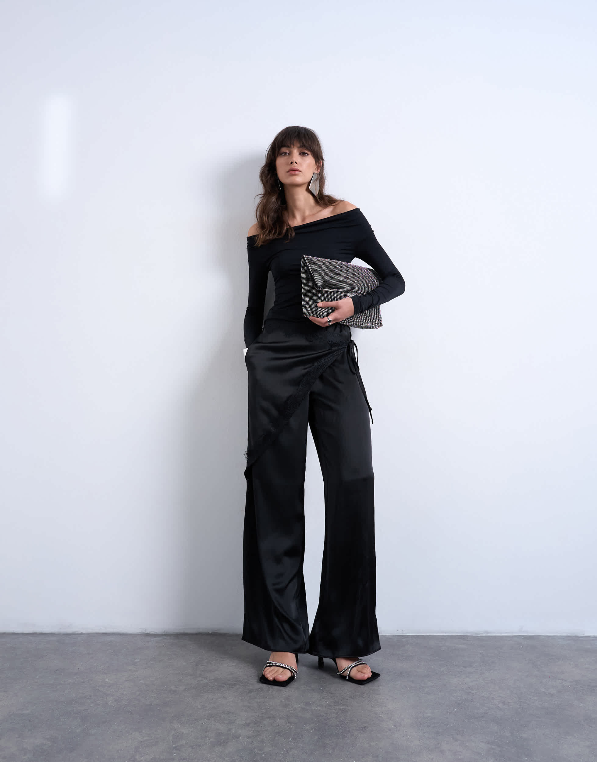 Topshop satin wrap around with lace wide leg trouser in black