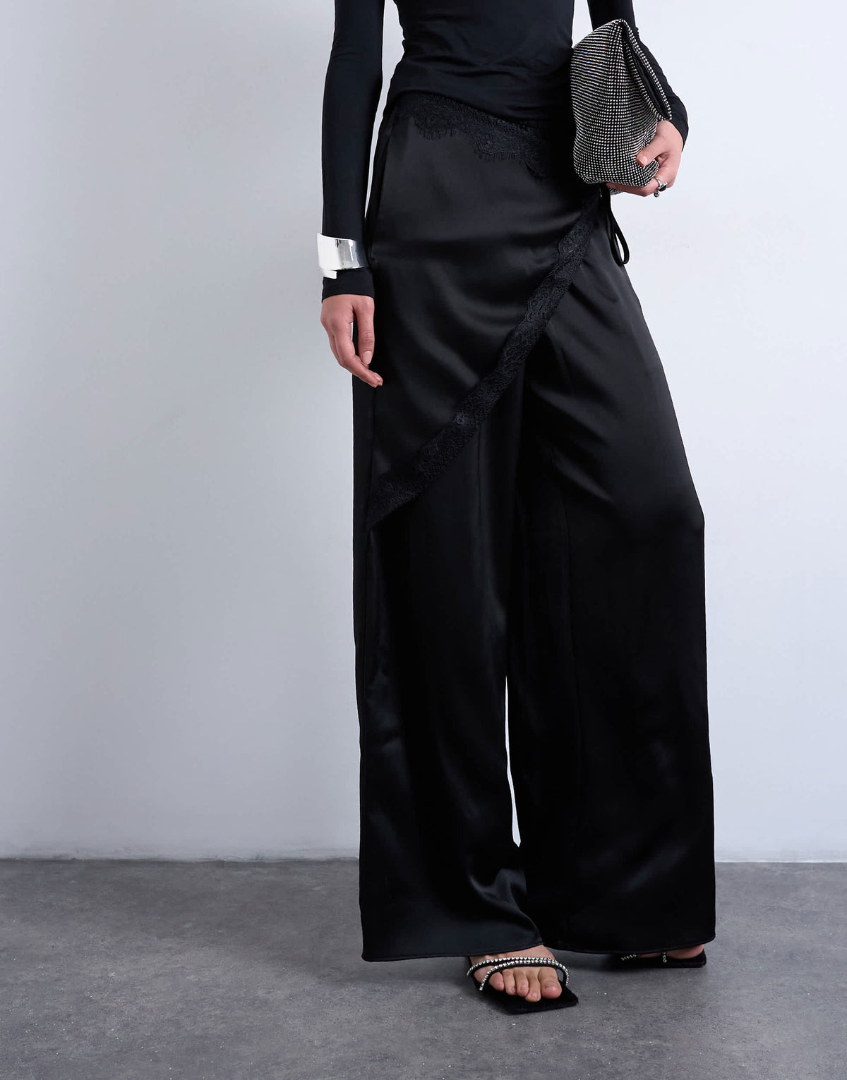 Topshop satin wrap around with lace wide leg trouser in black