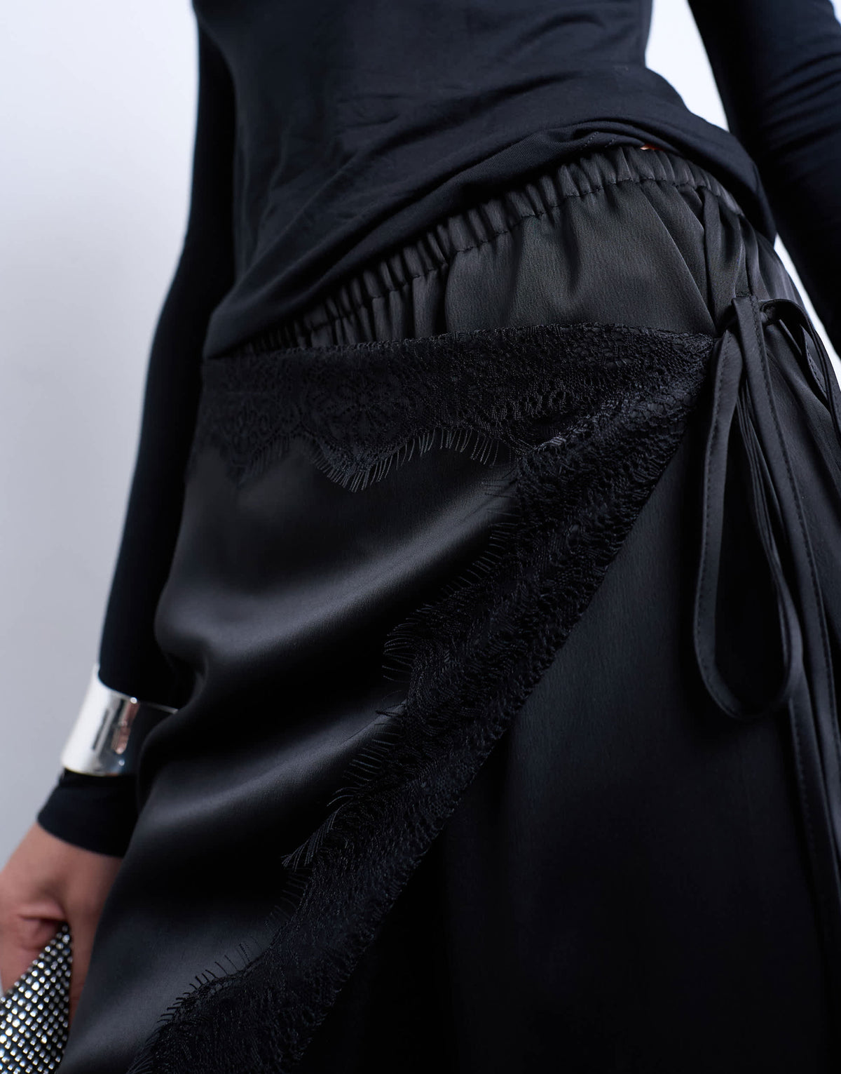 Topshop satin wrap around with lace wide leg trouser in black