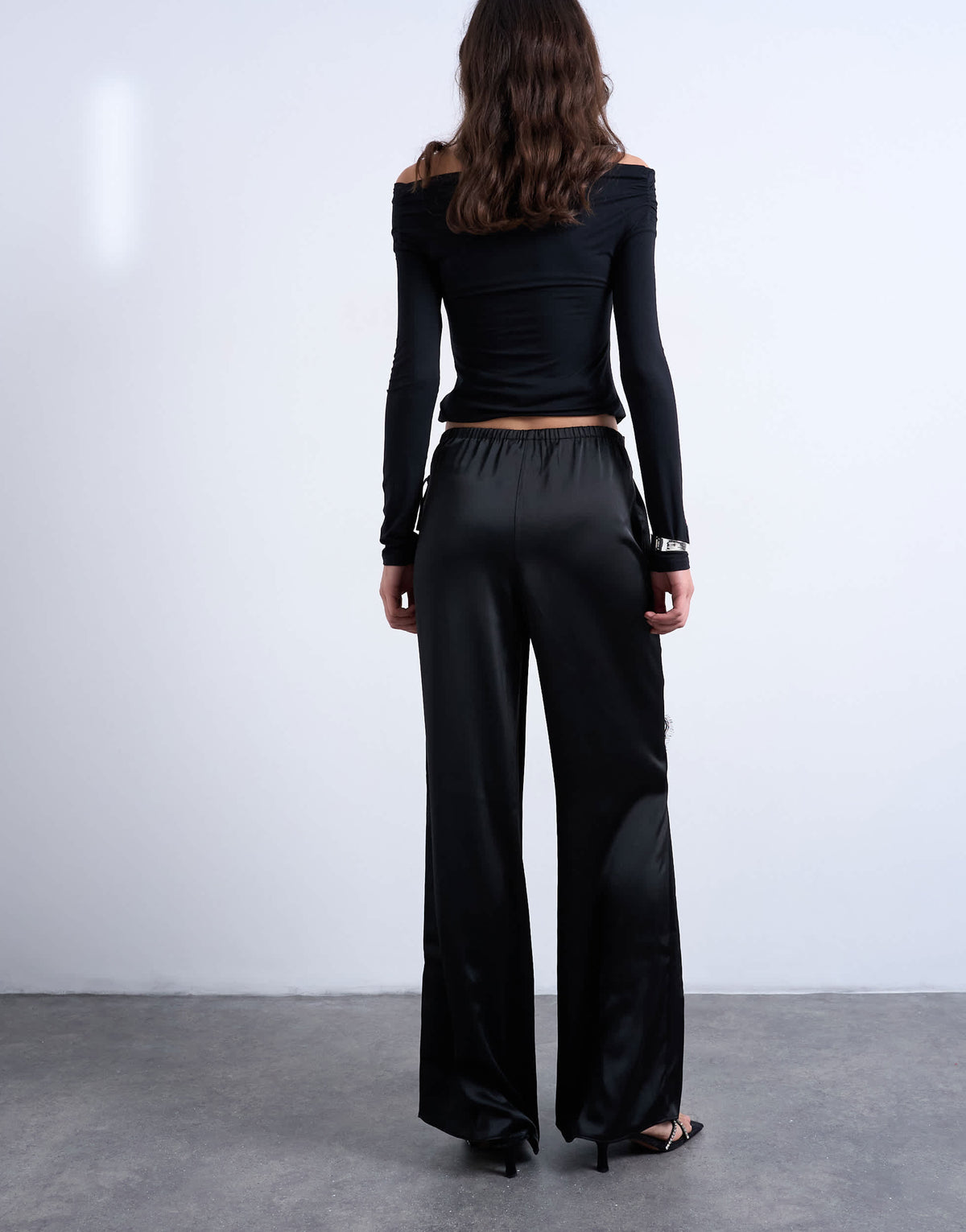 Topshop satin wrap around with lace wide leg trouser in black