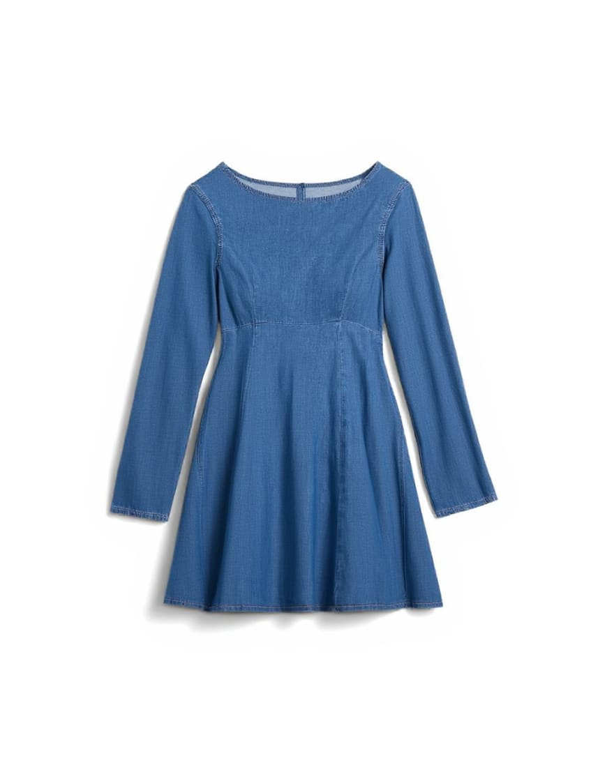 Topshop denim flute sleeve mini dress in mid blue