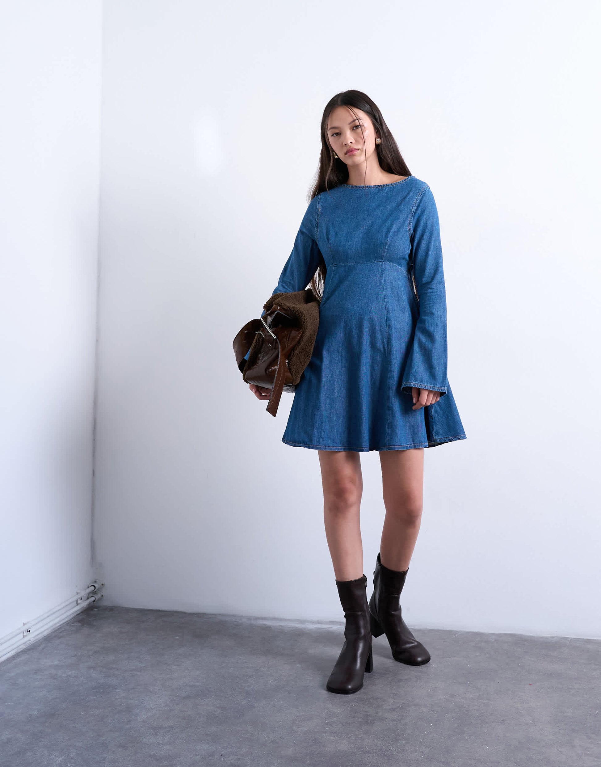 Topshop denim flute sleeve mini dress in mid blue