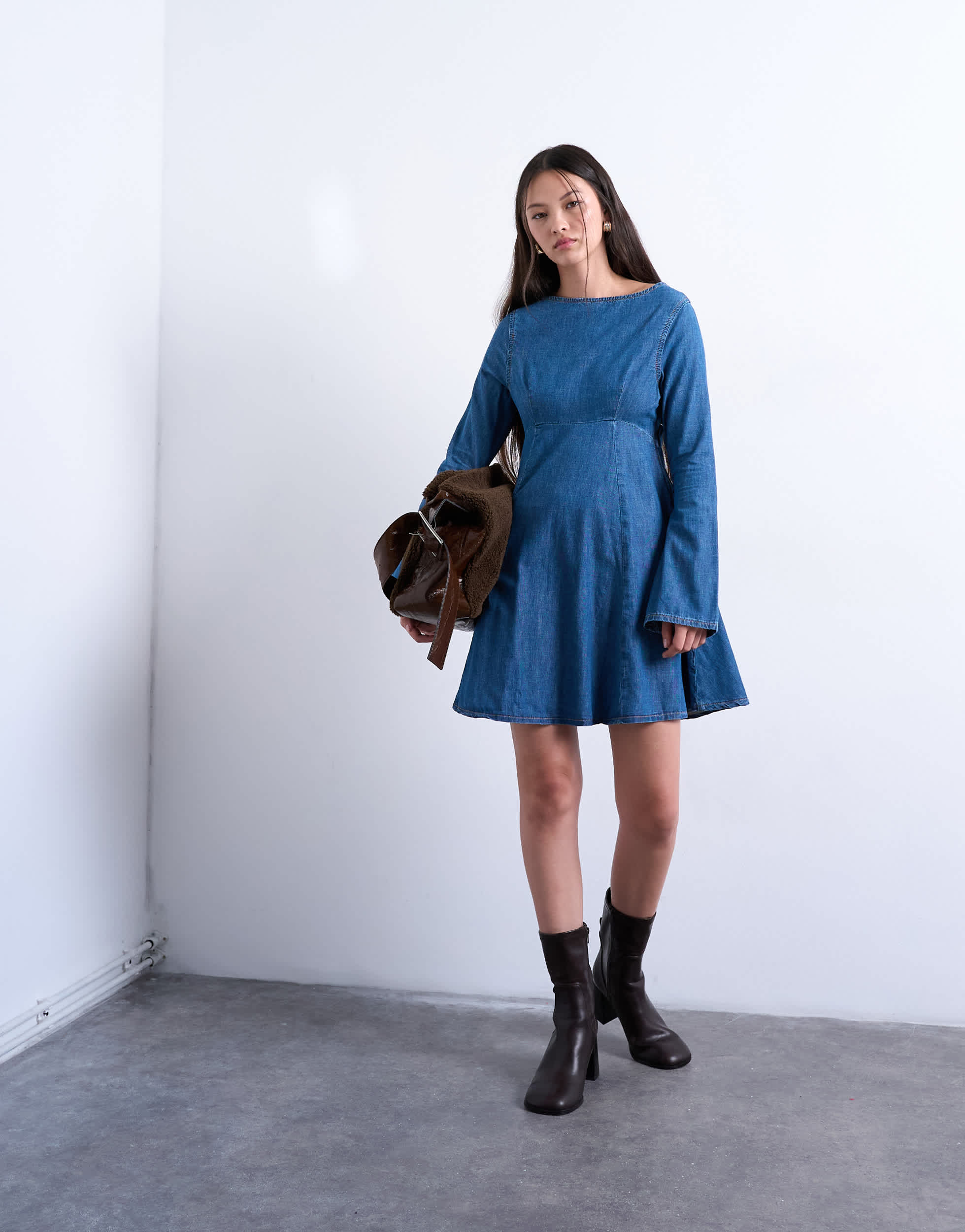 Topshop denim flute sleeve mini dress in mid blue
