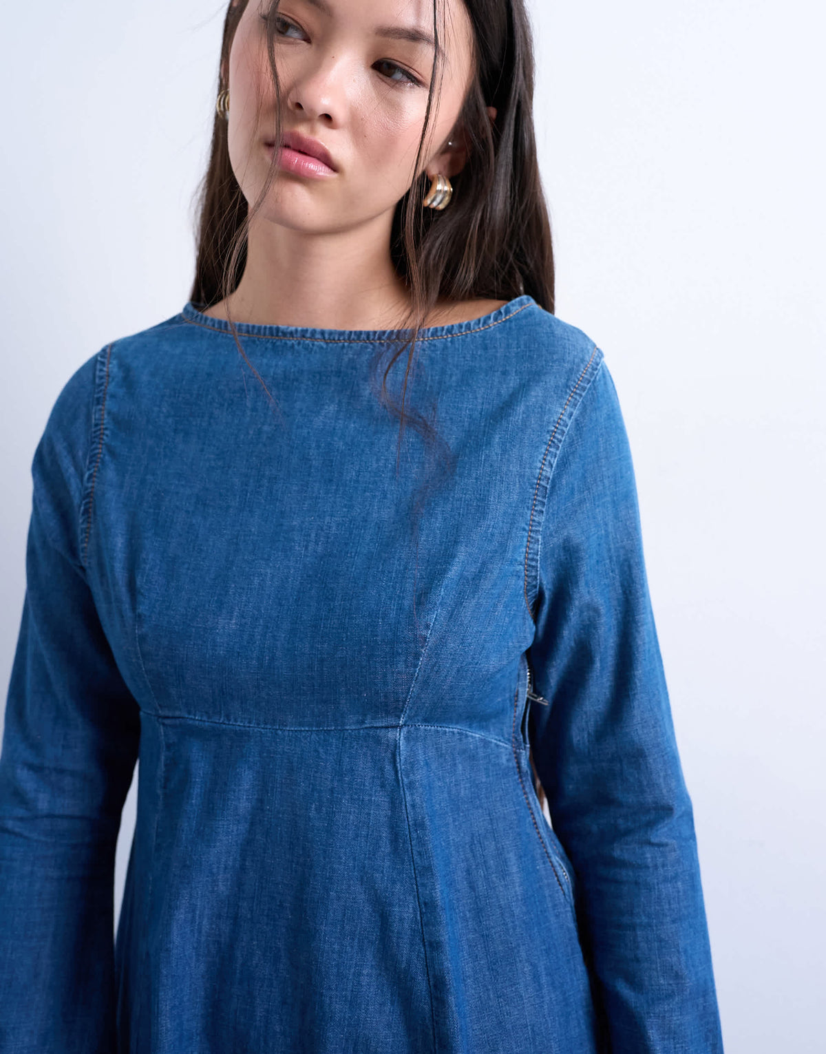 Topshop denim flute sleeve mini dress in mid blue