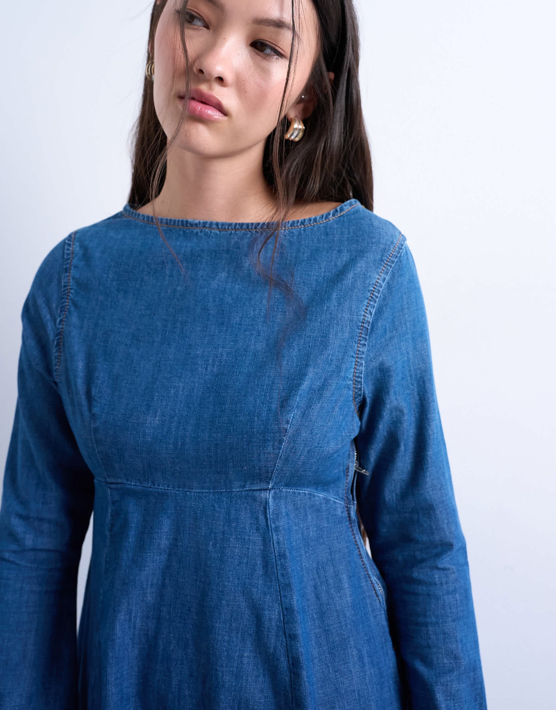 Topshop denim flute sleeve mini dress in mid blue