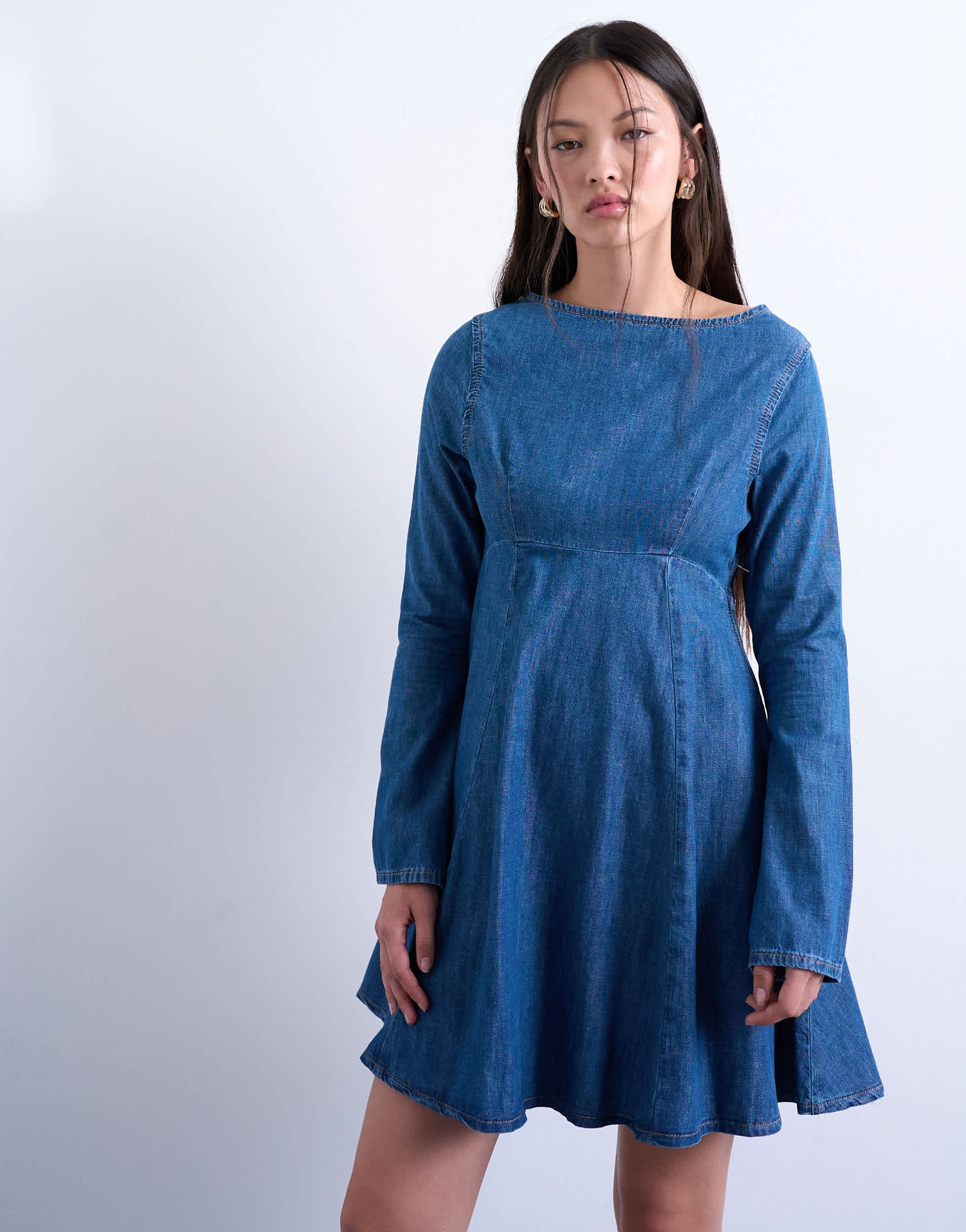 Topshop denim flute sleeve mini dress in mid blue