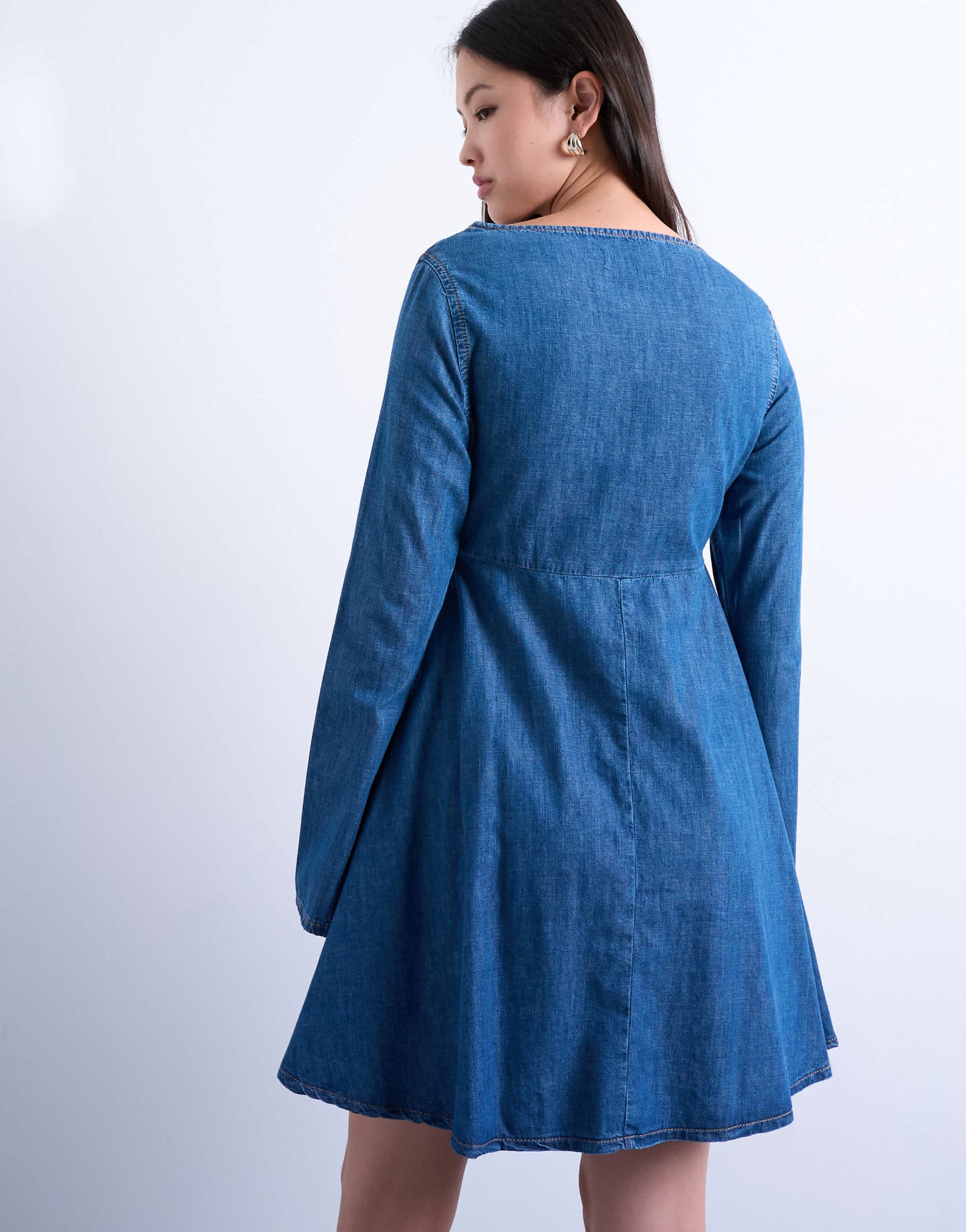 Topshop denim flute sleeve mini dress in mid blue