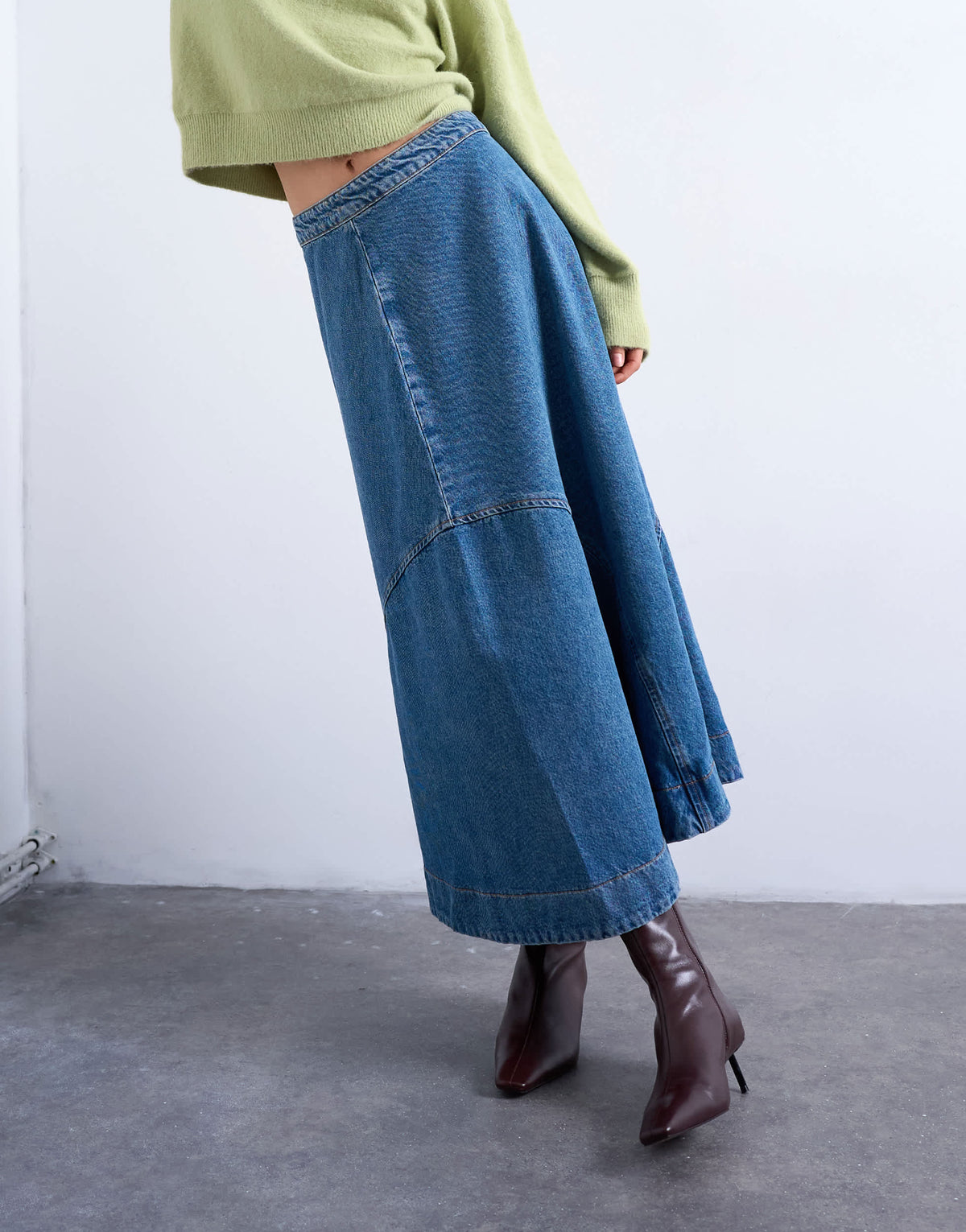 Topshop denim seamed circle skirt in mid blue