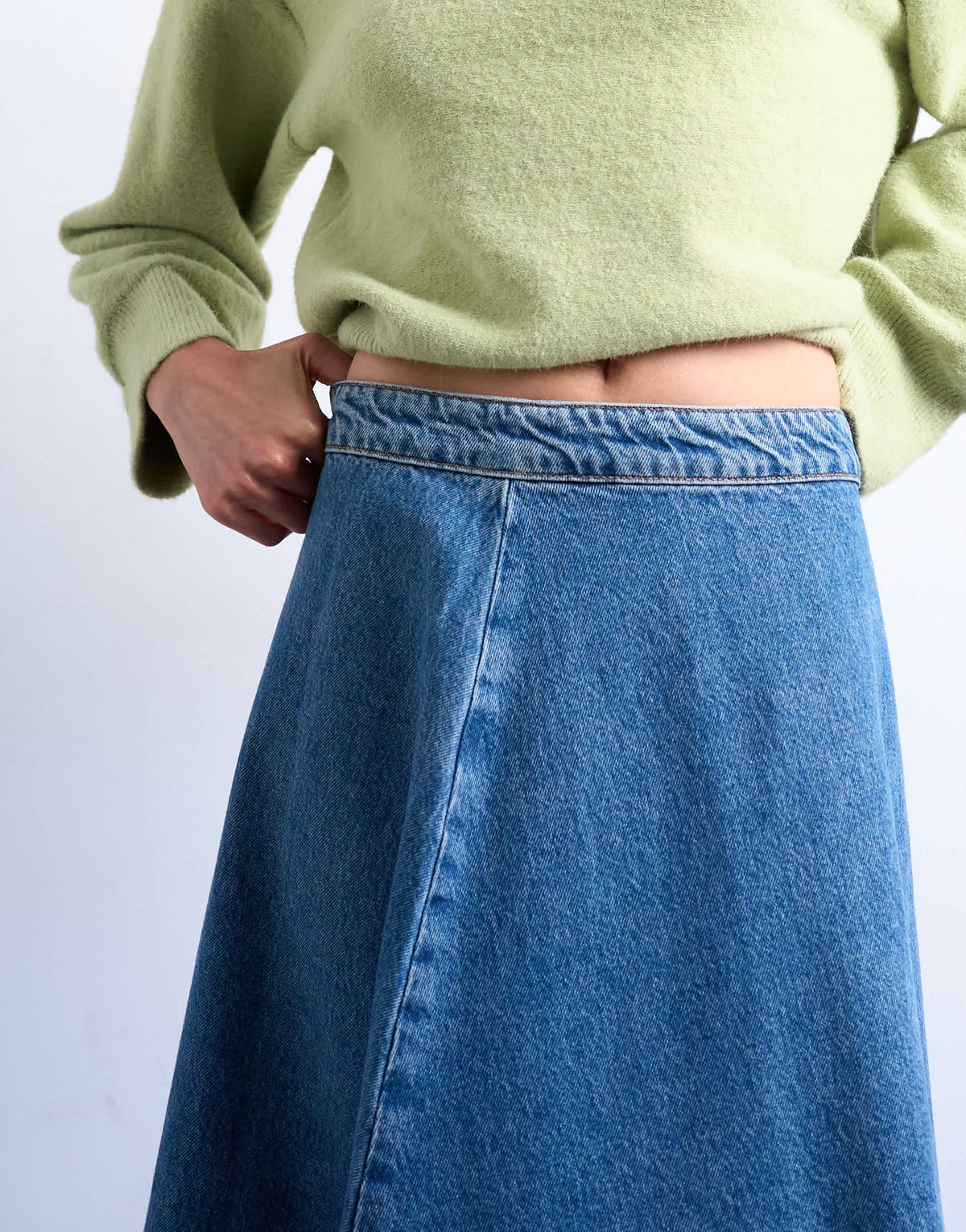 Topshop denim seamed circle skirt in mid blue