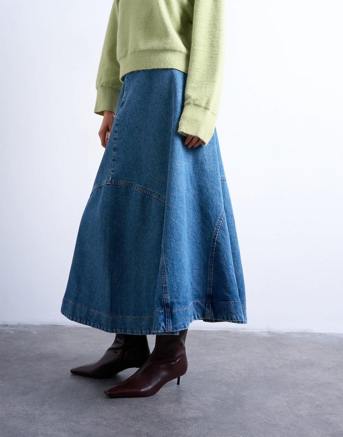 Topshop denim seamed circle skirt in mid blue