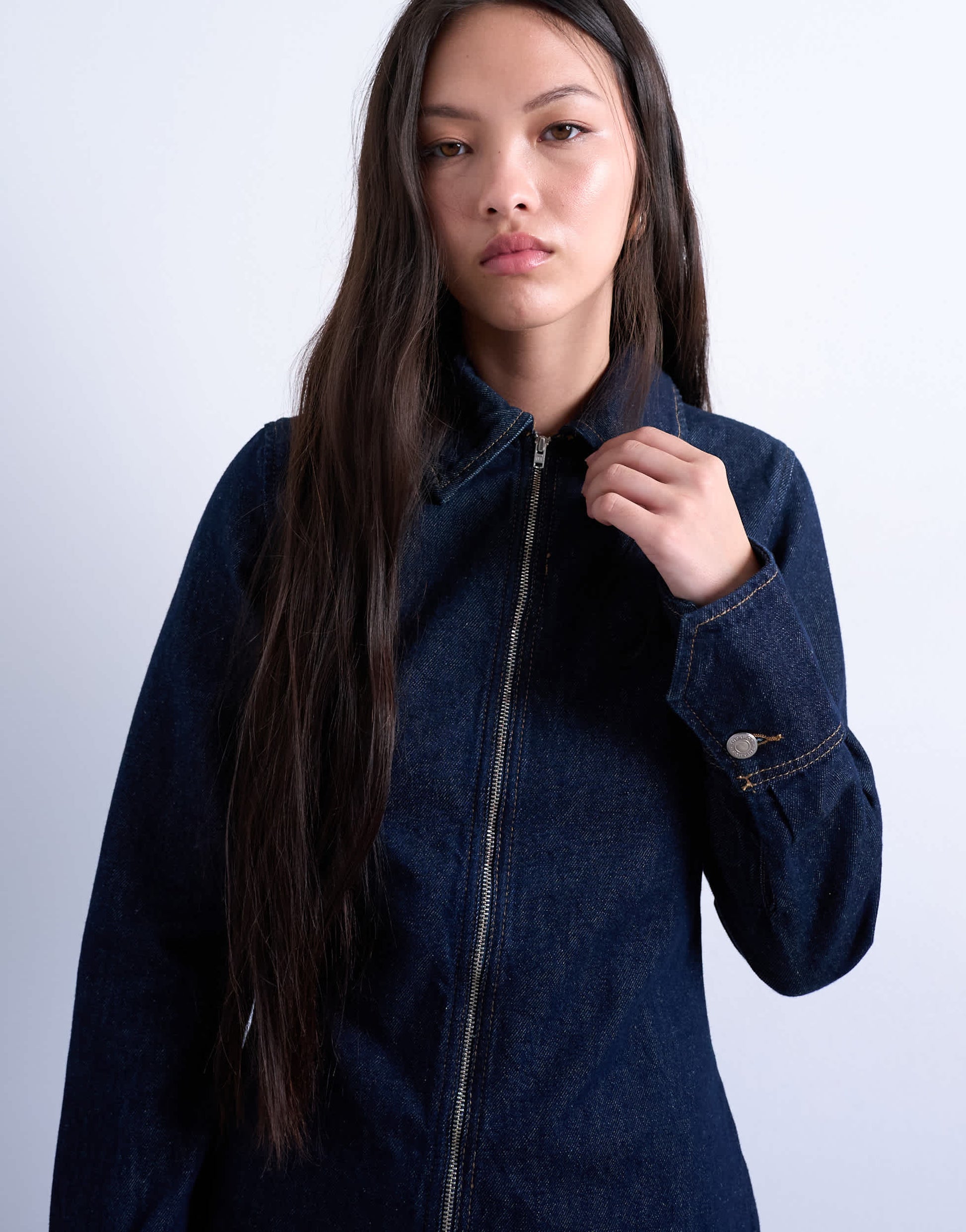 Topshop denim zip through long sleeve mini dress in indigo