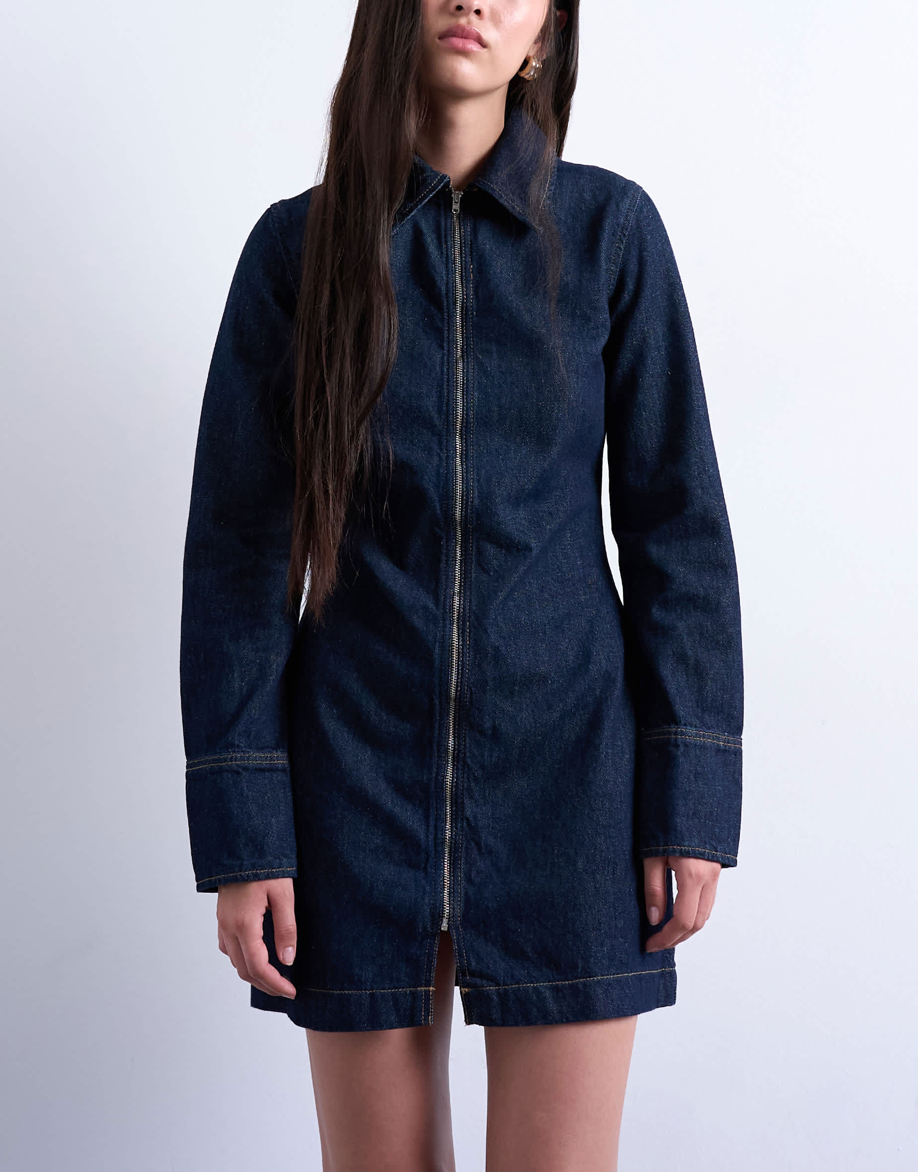 Topshop denim zip through long sleeve mini dress in indigo