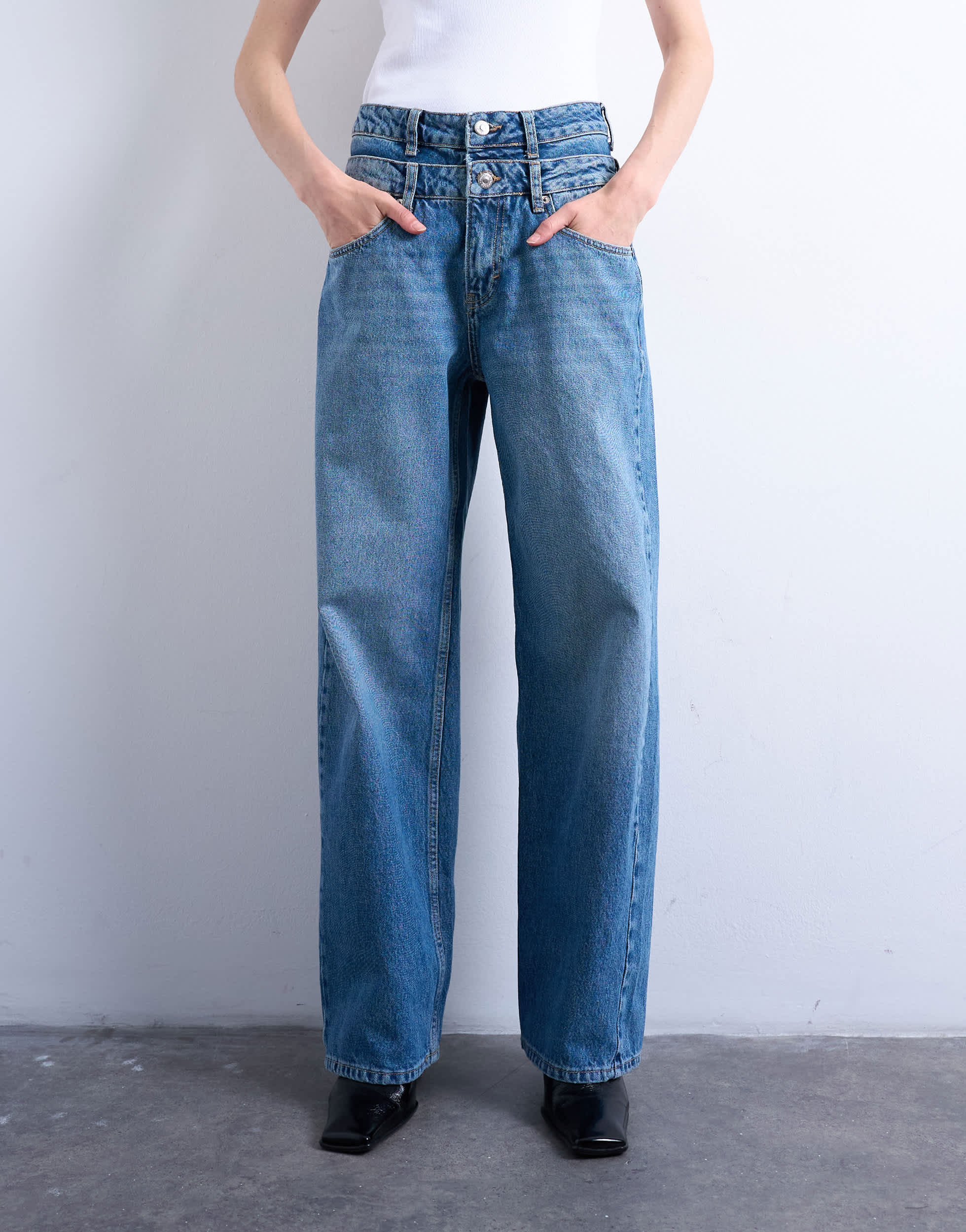 Topshop double waistband column jean in vintage blue