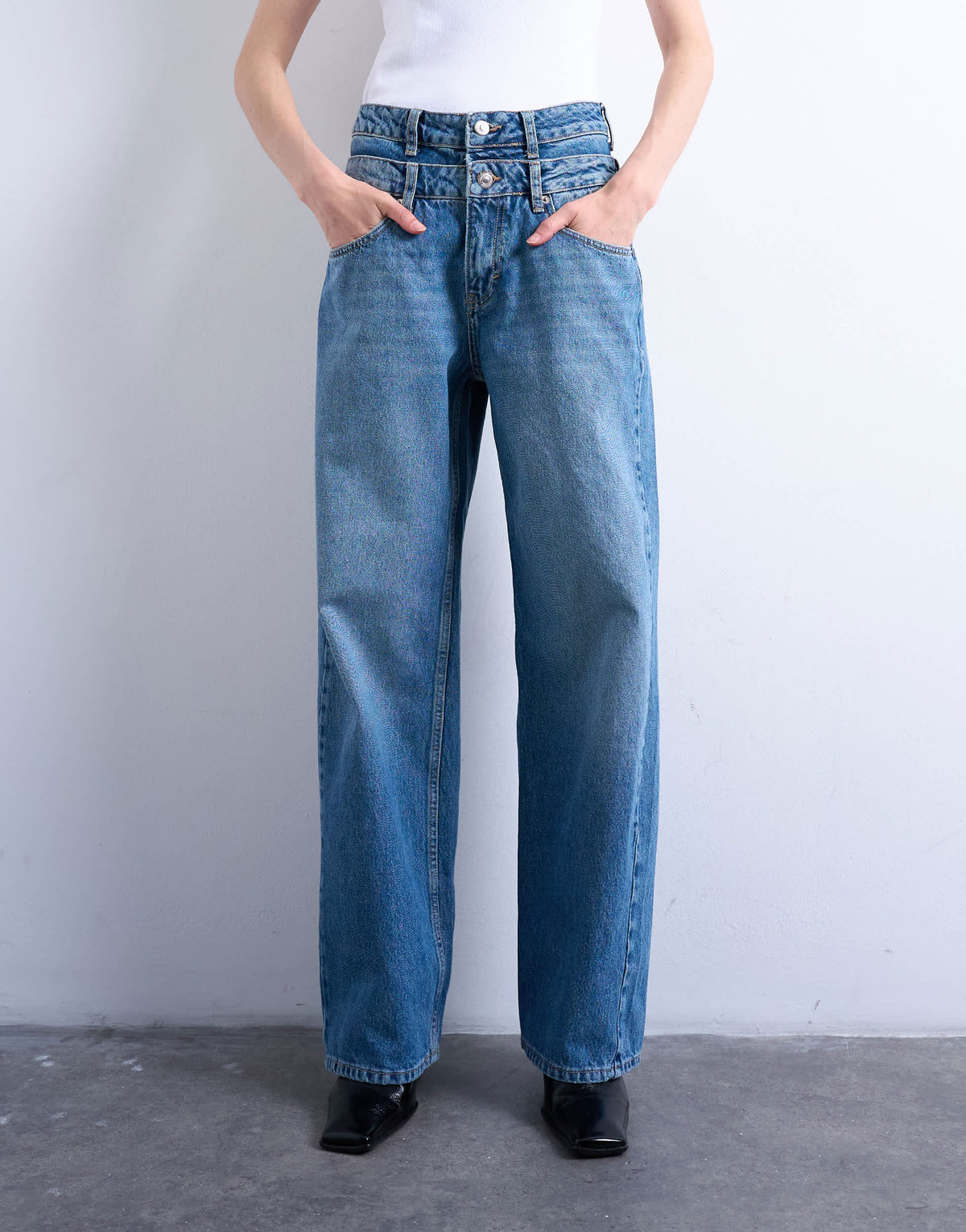 Topshop double waistband column jean in vintage blue