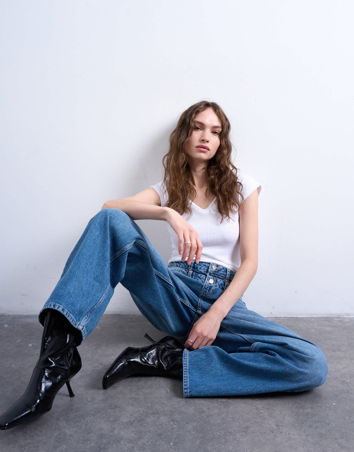 Topshop double waistband column jean in vintage blue