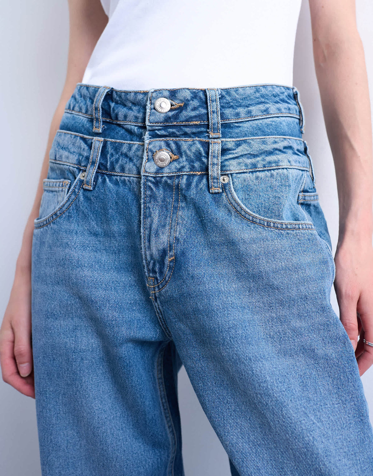 Topshop double waistband column jean in vintage blue