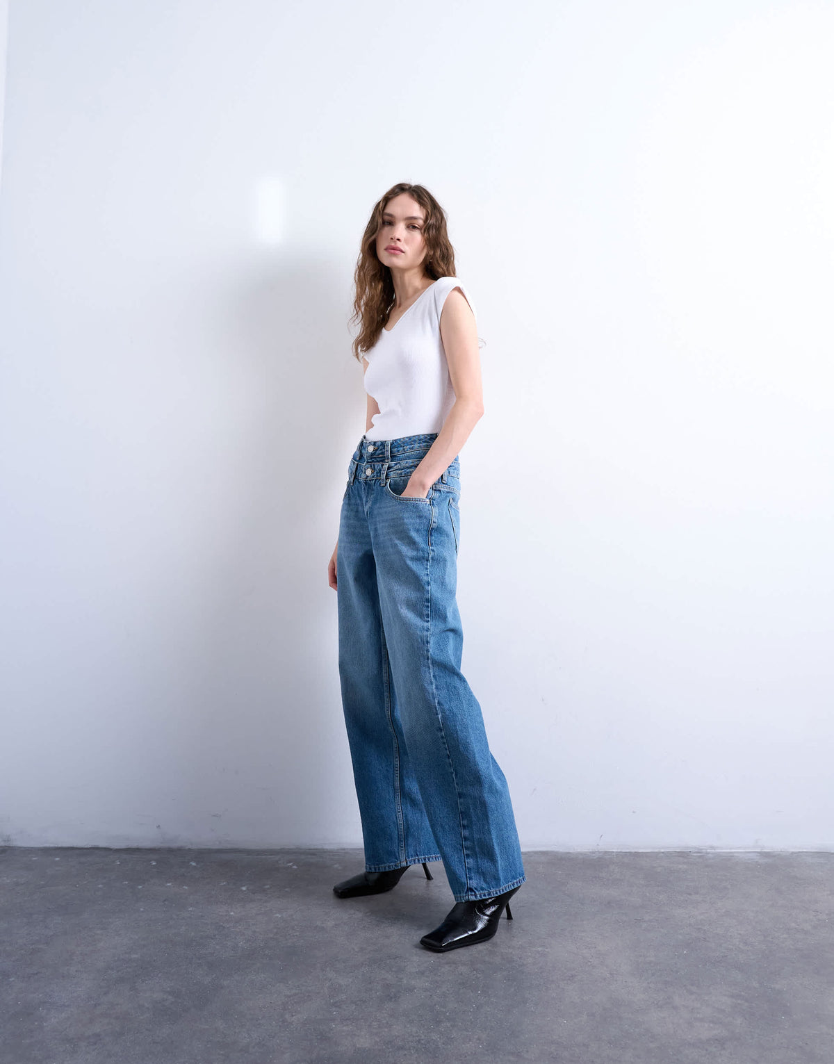 Topshop double waistband column jean in vintage blue