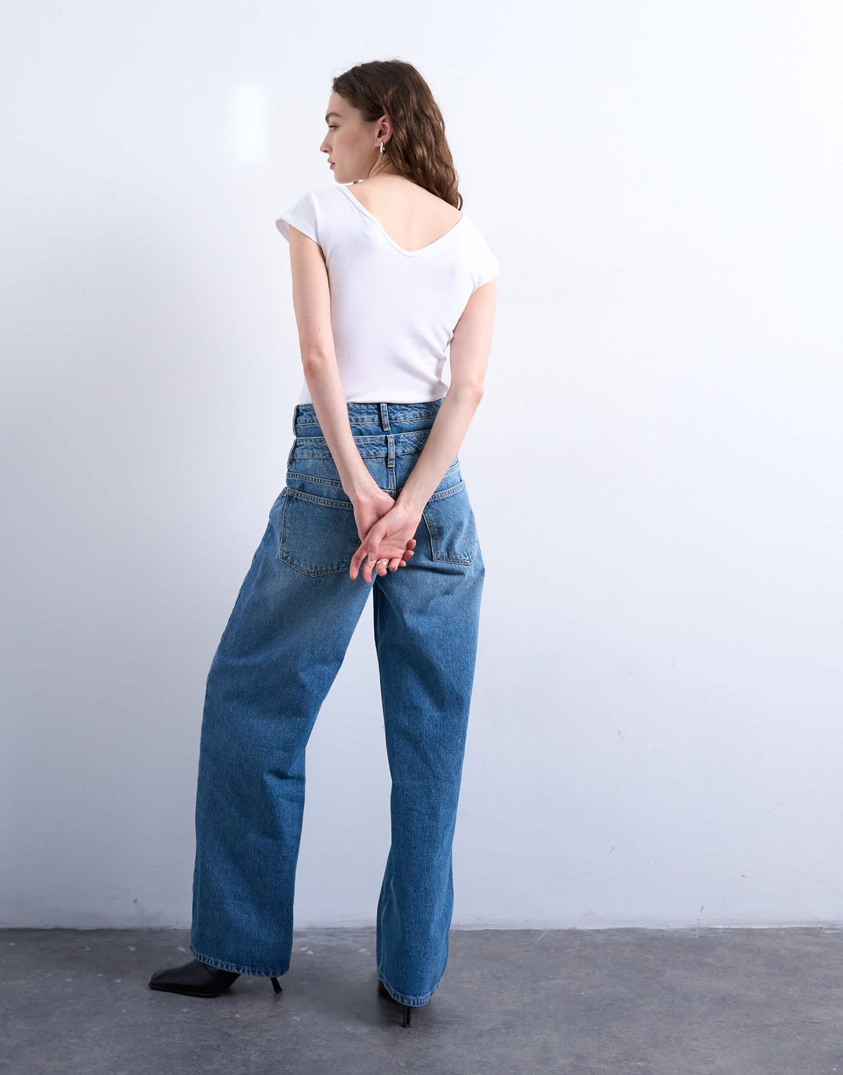 Topshop double waistband column jean in vintage blue