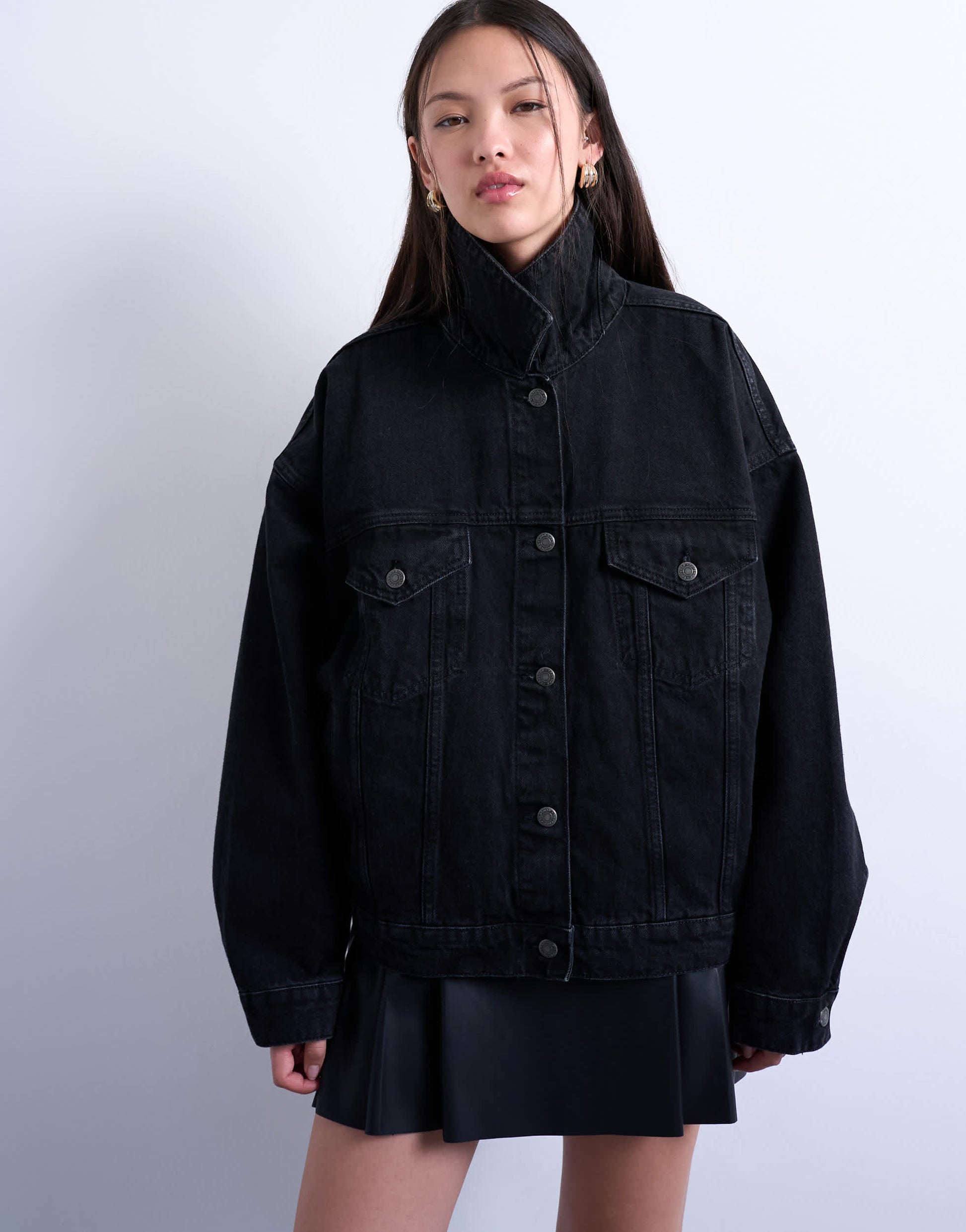 Topshop denim balloon sleeve oversized jacket in washed black
