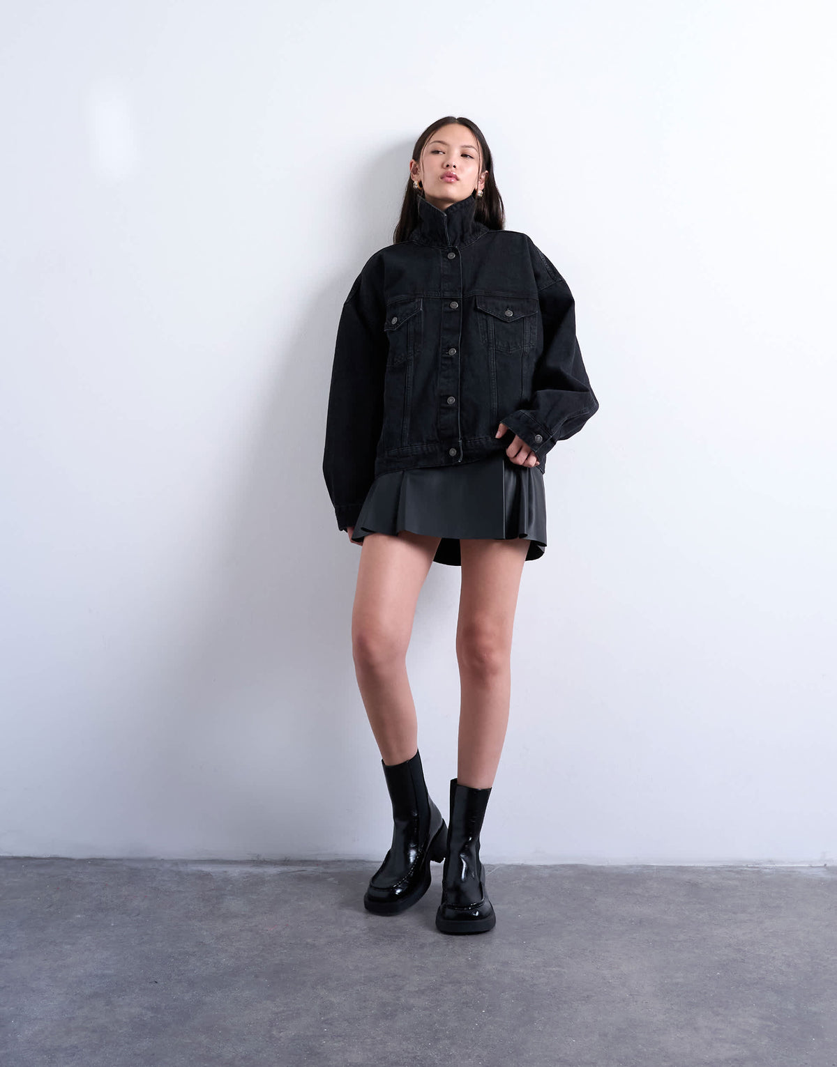 Topshop denim balloon sleeve oversized jacket in washed black
