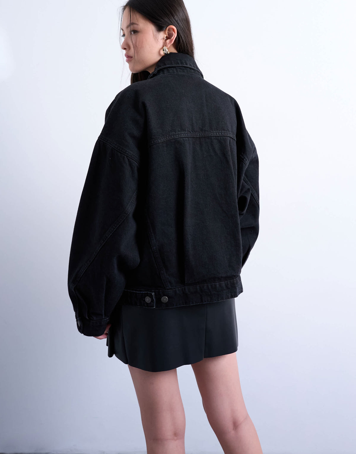 Topshop denim balloon sleeve oversized jacket in washed black