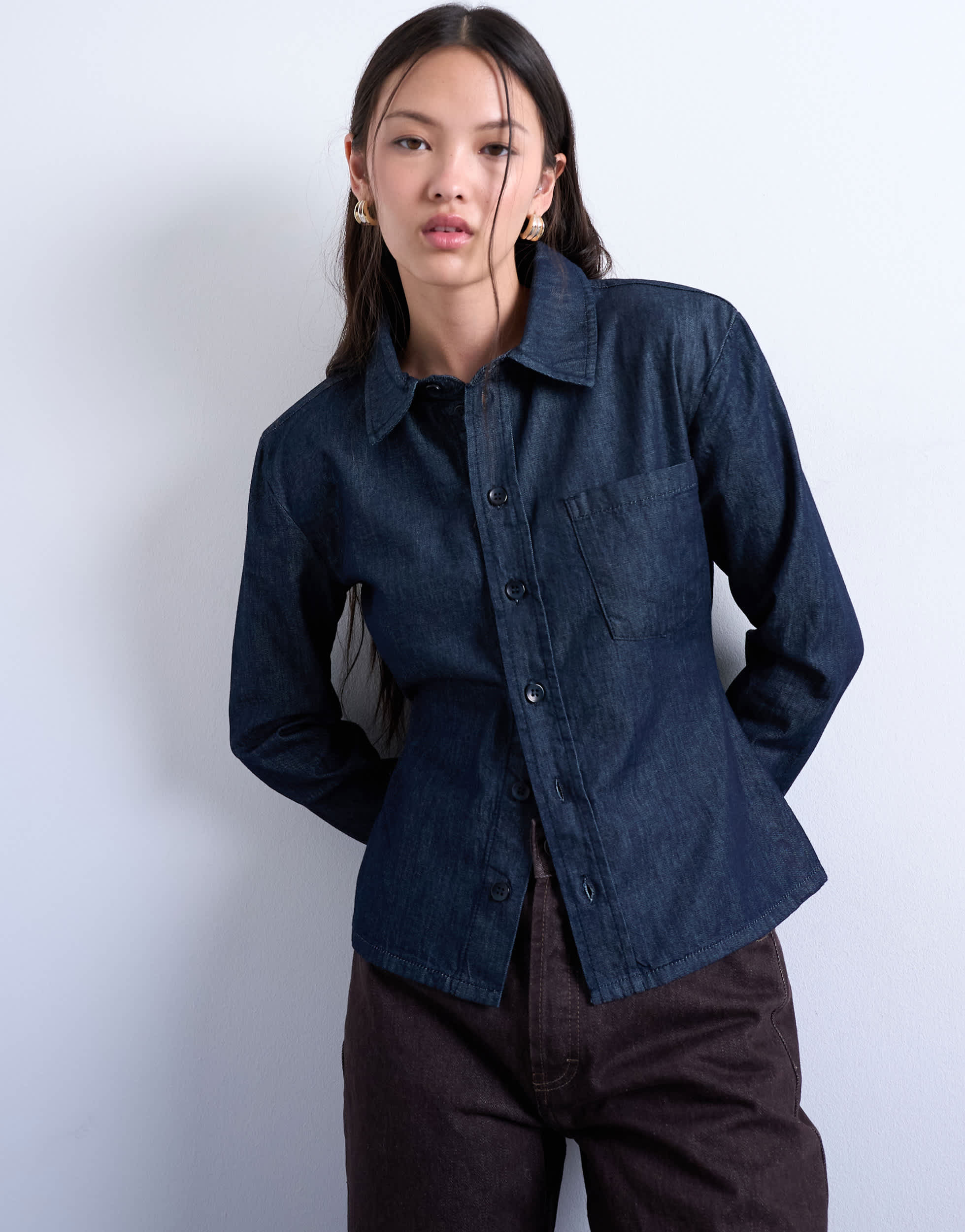 Topshop Jeanshemd mit starken Schulterpolstern in Indigo